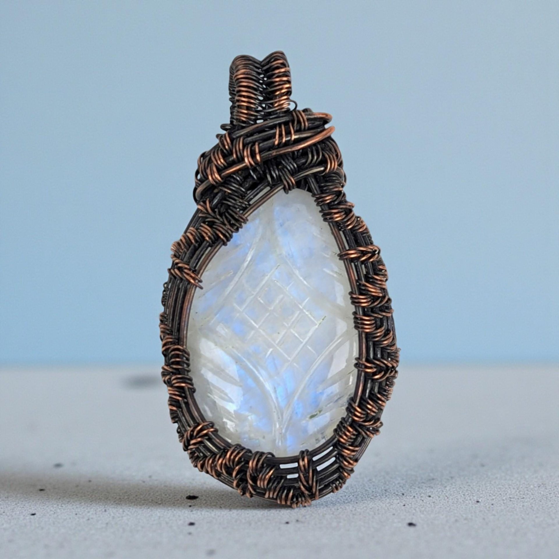Carved Moonstone Pendant: Copper Wire Wrapped Handmade Artisan Jewelry