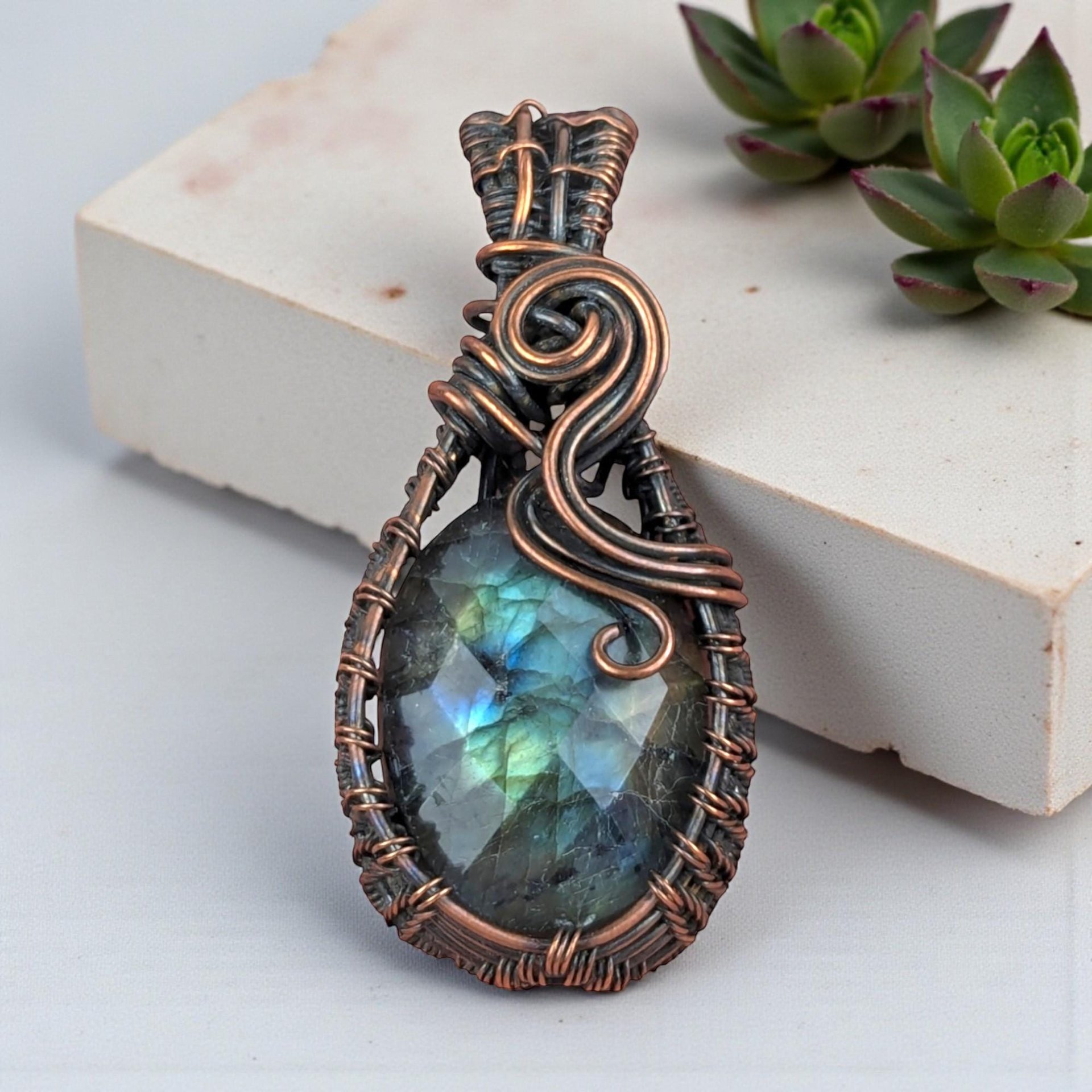 Checkered Labradorite Pendant: Copper Wire Wrapped Handmade Gemstone Jewelry