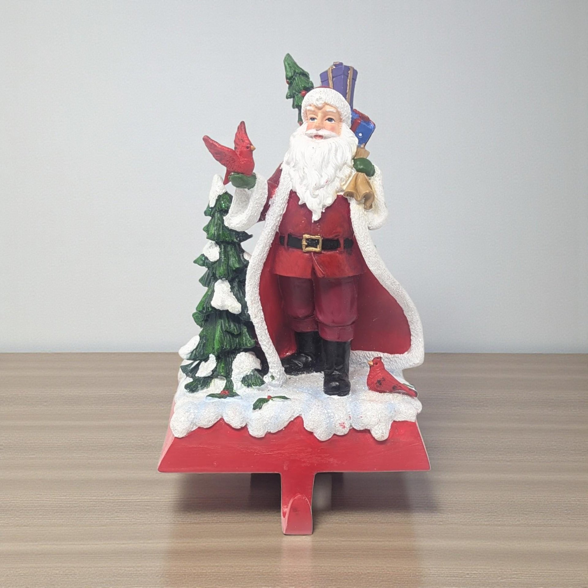 Vintage Santa Claus Stocking Holder: Handpainted Resin with Cardinal Birds Christmas Mantle Decor