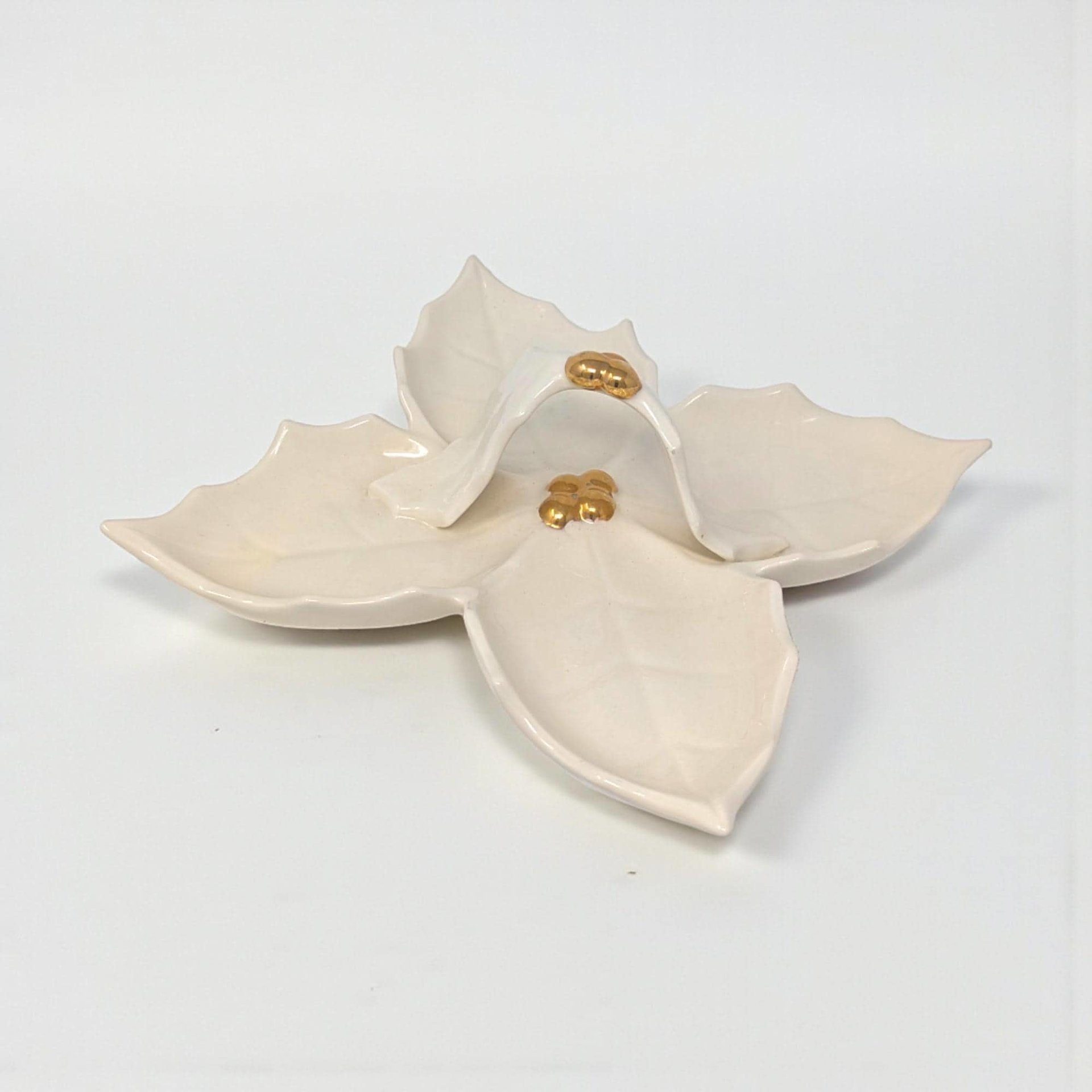Vintage Holland Mold 4-Section Leaf Dish: Cream Ceramic Relish Tray with Gold Berry Handle