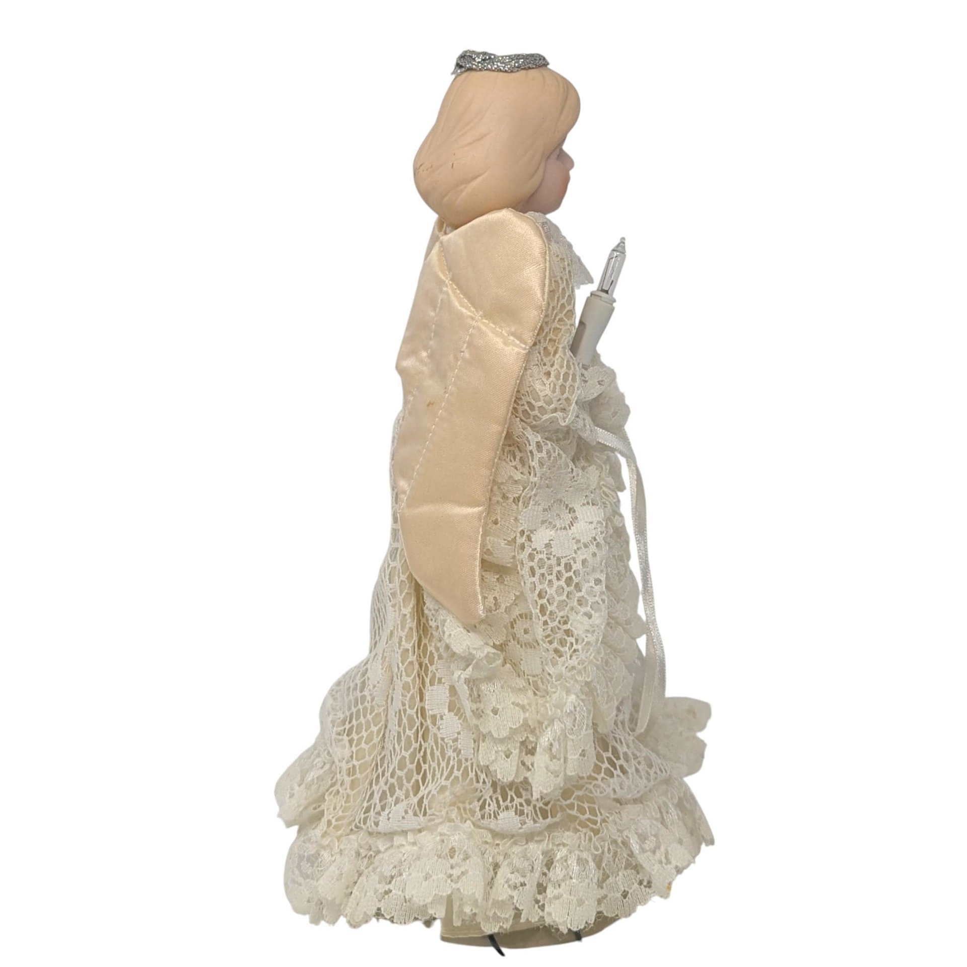 Vintage Lighted Angel Tree Topper: Porcelain Head and Lace Gown Decor