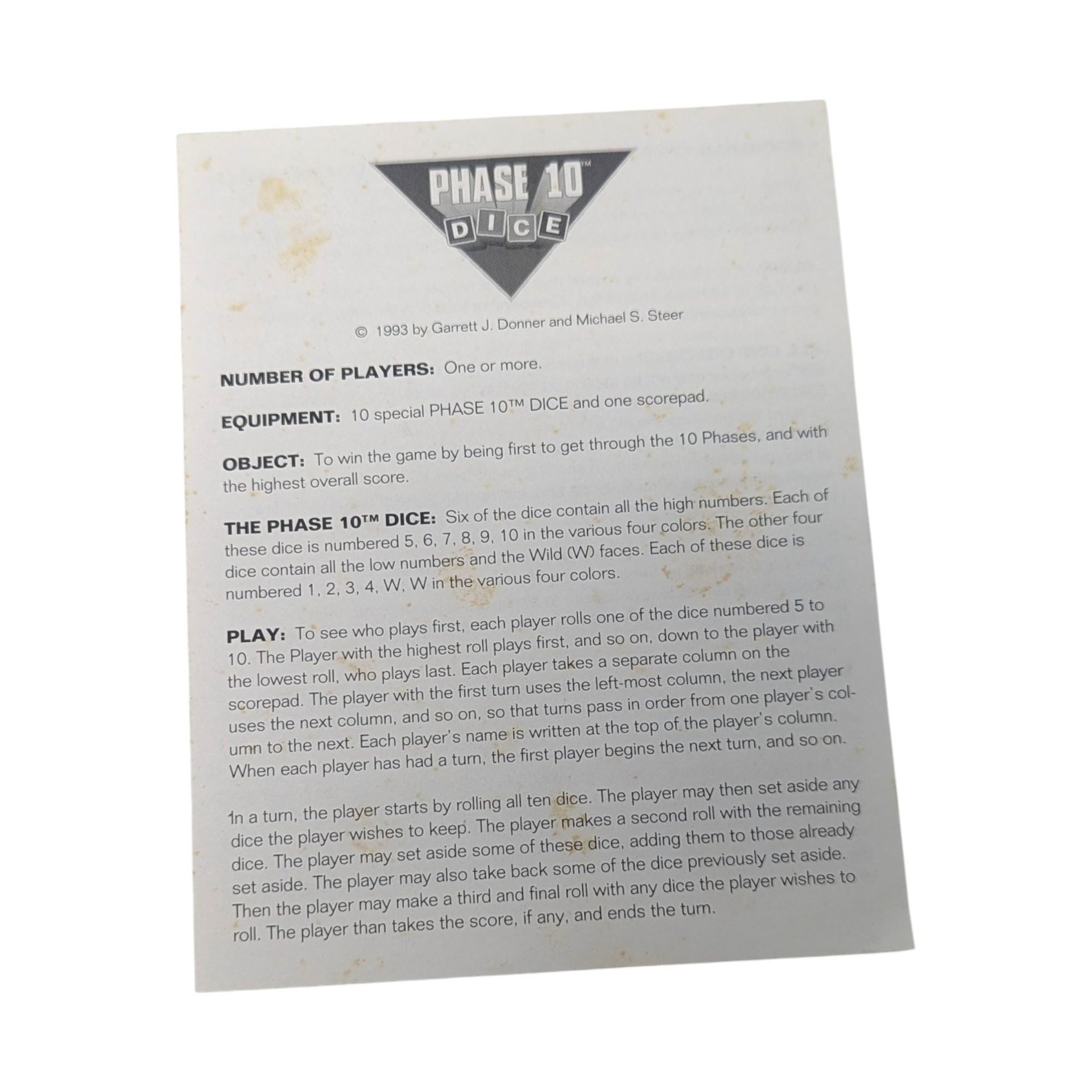 Vintage 1993 Phase 10 Dice Game: Fundex Games Strategy Party Game