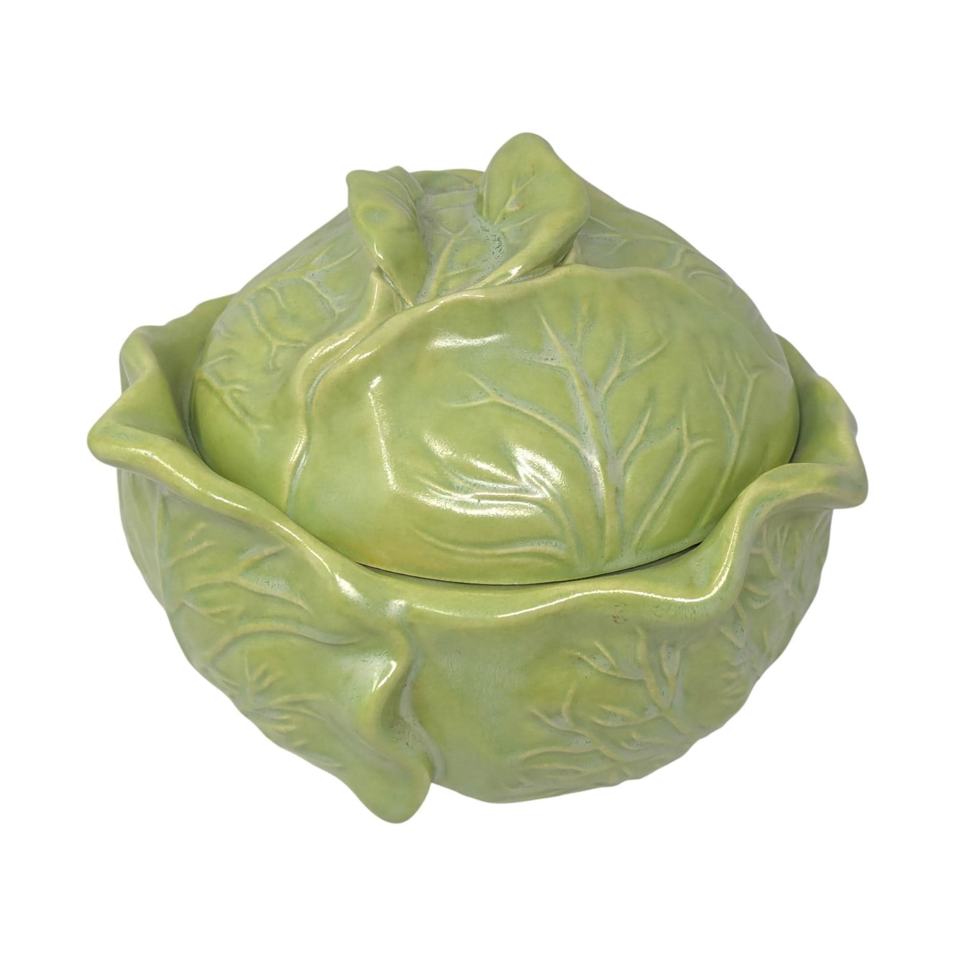 Vintage Ceramic Cabbage Bowl: Holland Mold Green Covered Dish