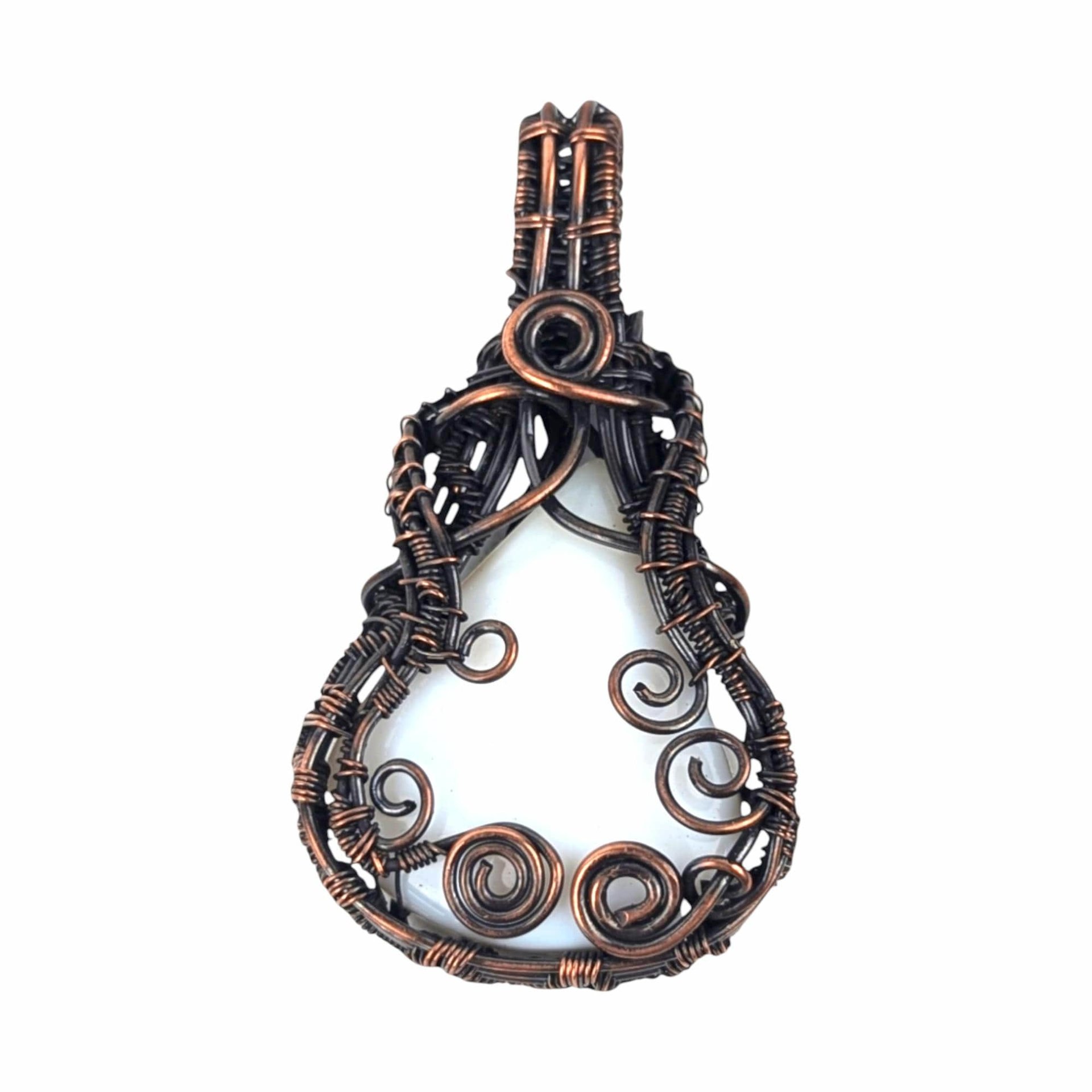 White Chalcedony Copper Pendant: Handmade Wire Wrapped Teardrop