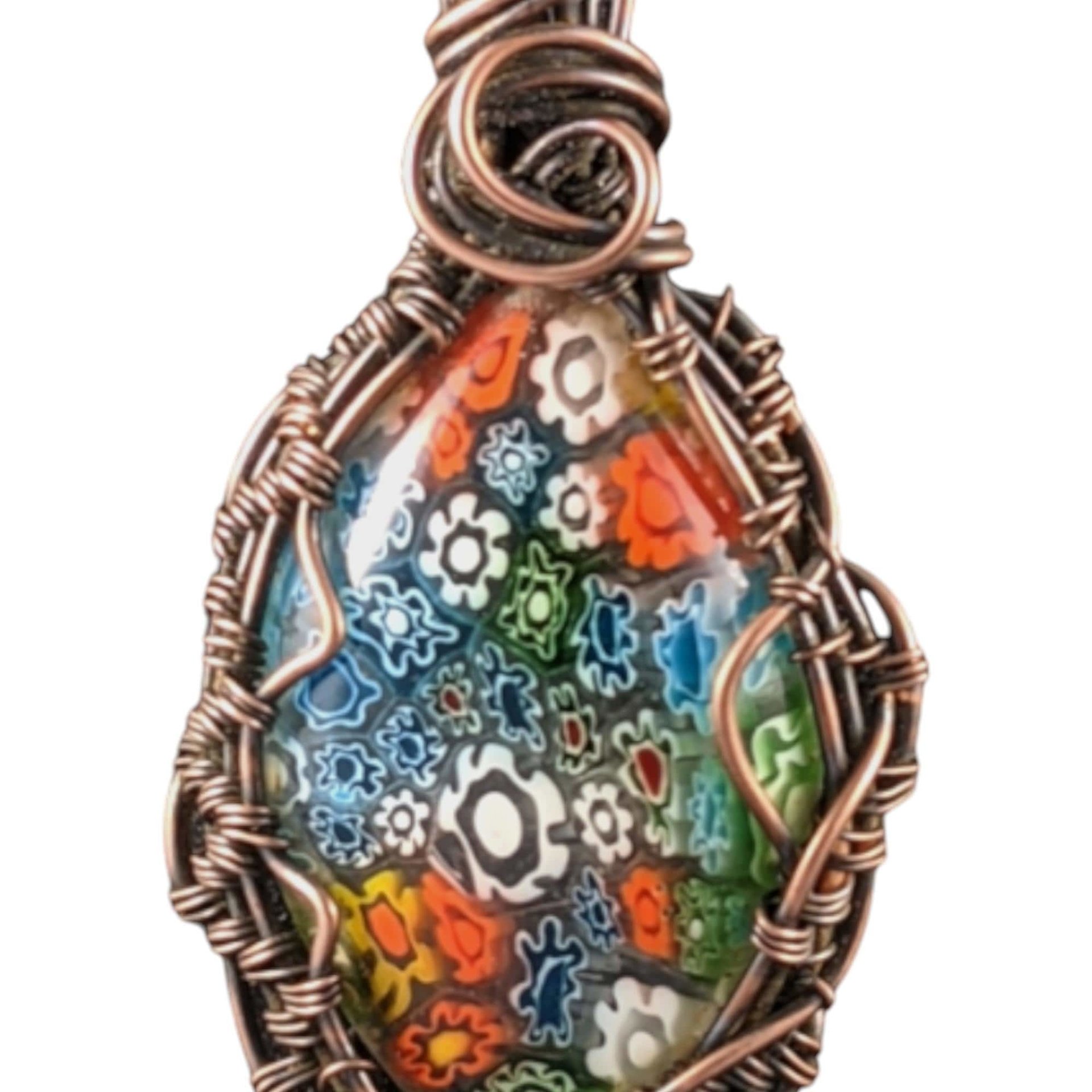 Millefiori Glass Copper Pendant: Handmade Wire Wrapped Flower Necklace