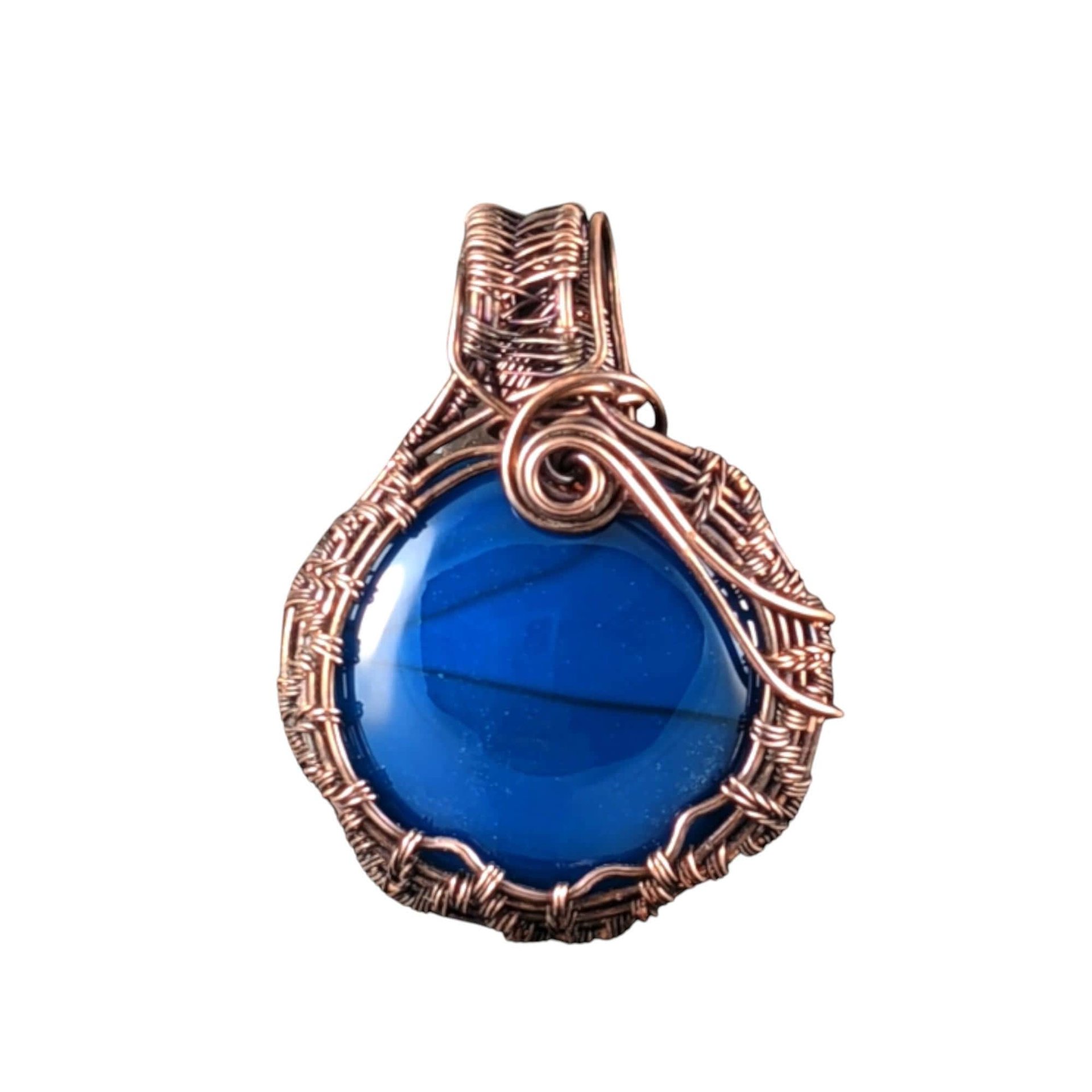 Blue Agate Copper Pendant: Handmade Wire Wrapped Round Gemstone