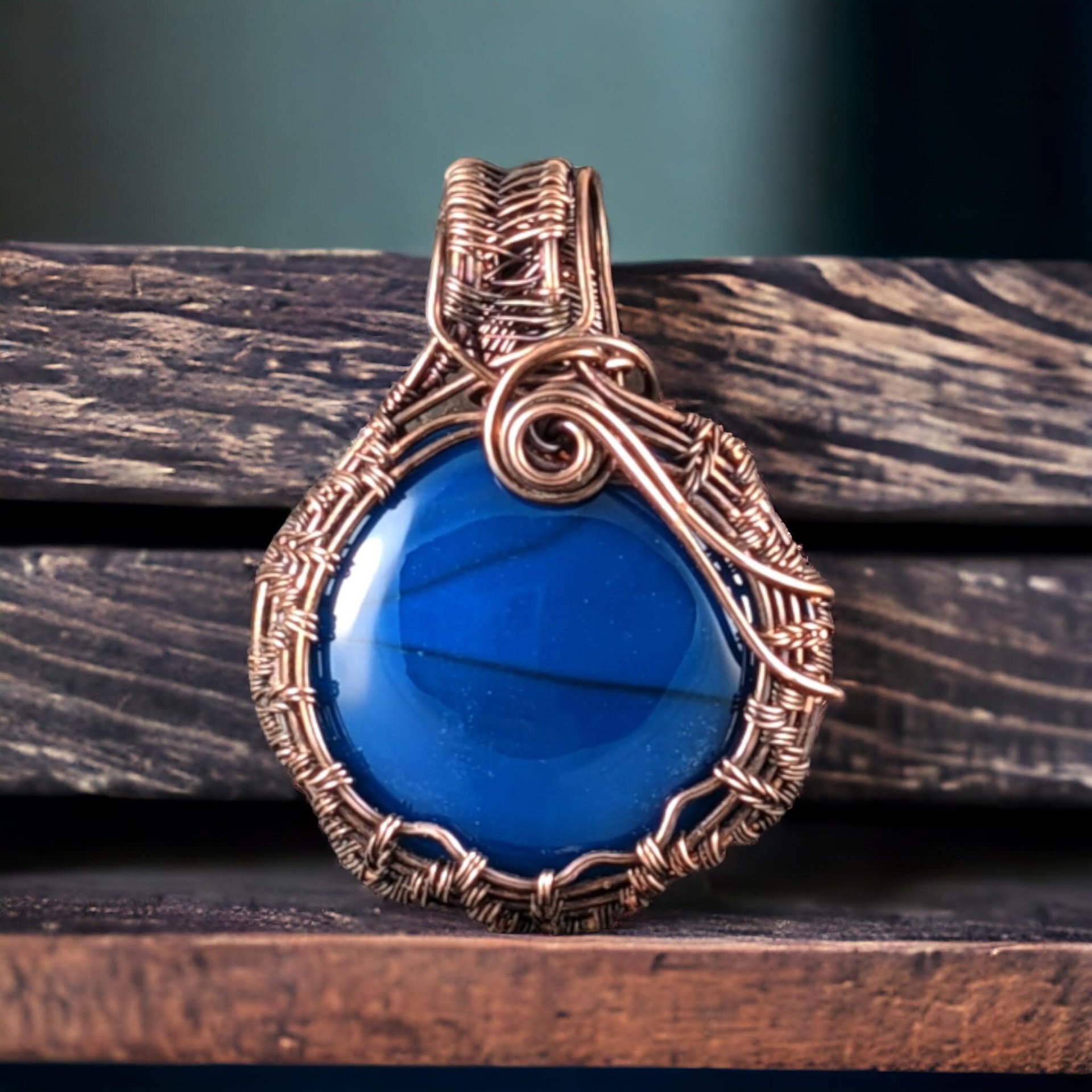 Blue Agate Copper Pendant: Handmade Wire Wrapped Round Gemstone