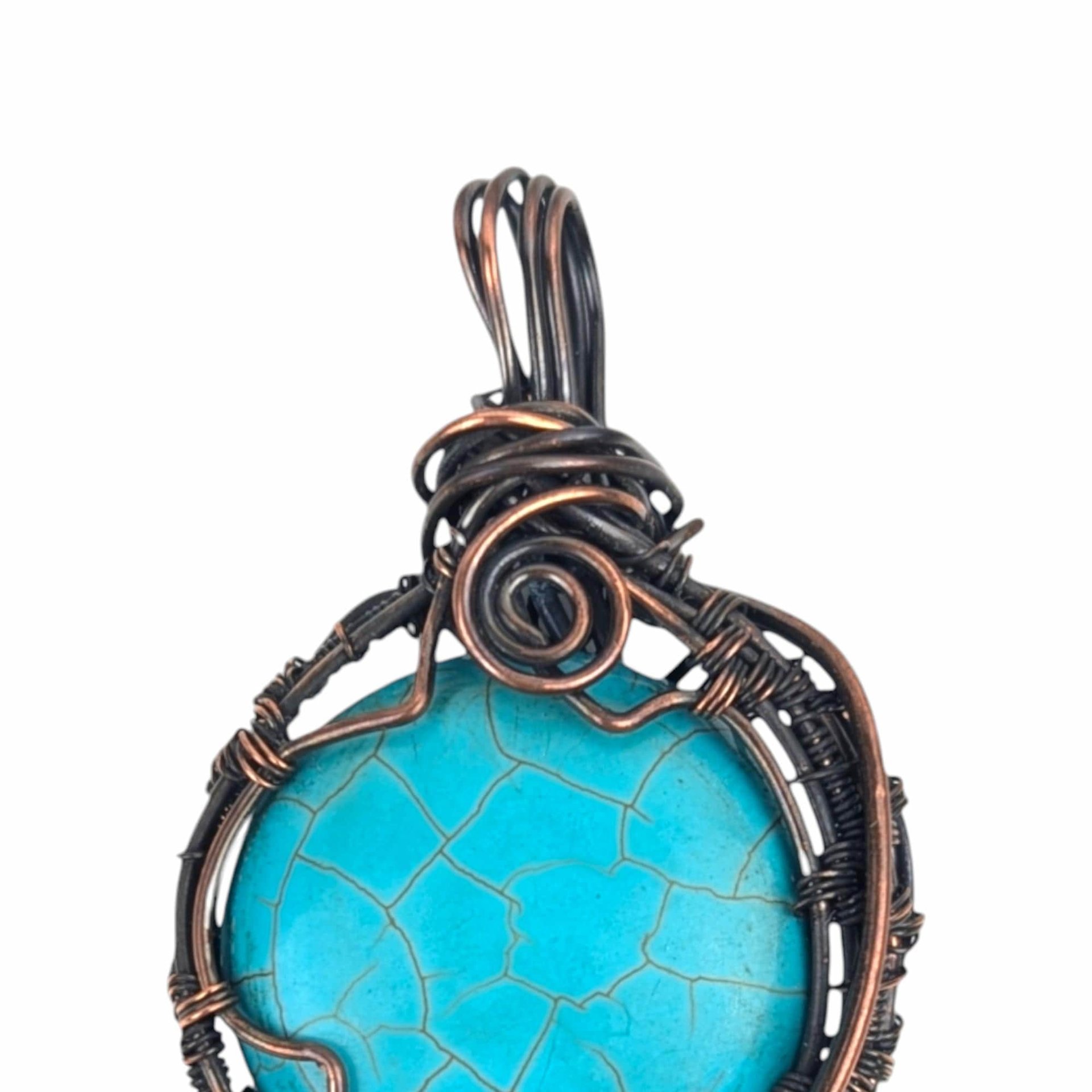Turquoise Color Howlite Copper Pendant: Handmade Wire Wrapped Round Necklace