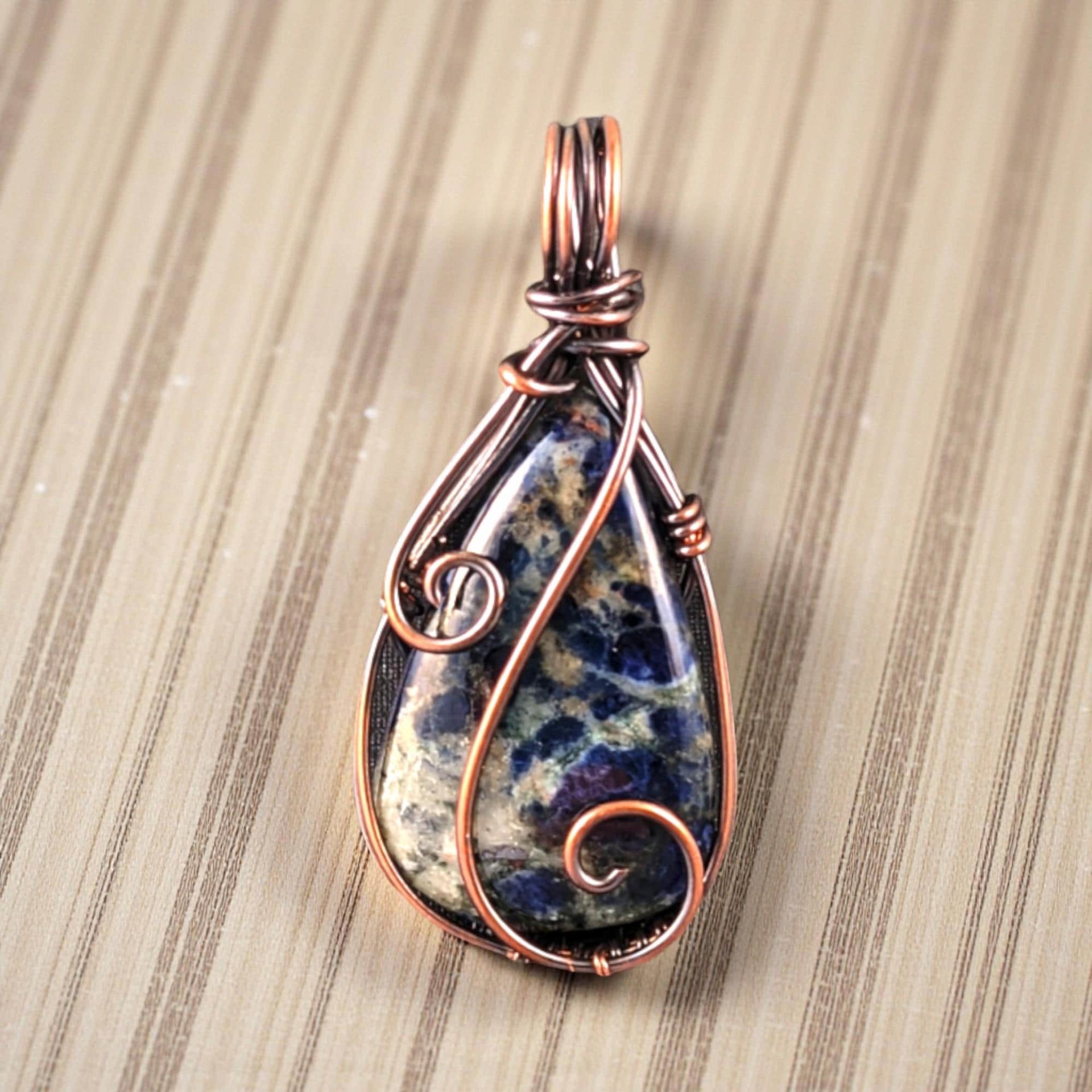 Sodalite Copper Pendant: Handmade Wire Wrapped Teardrop Necklace