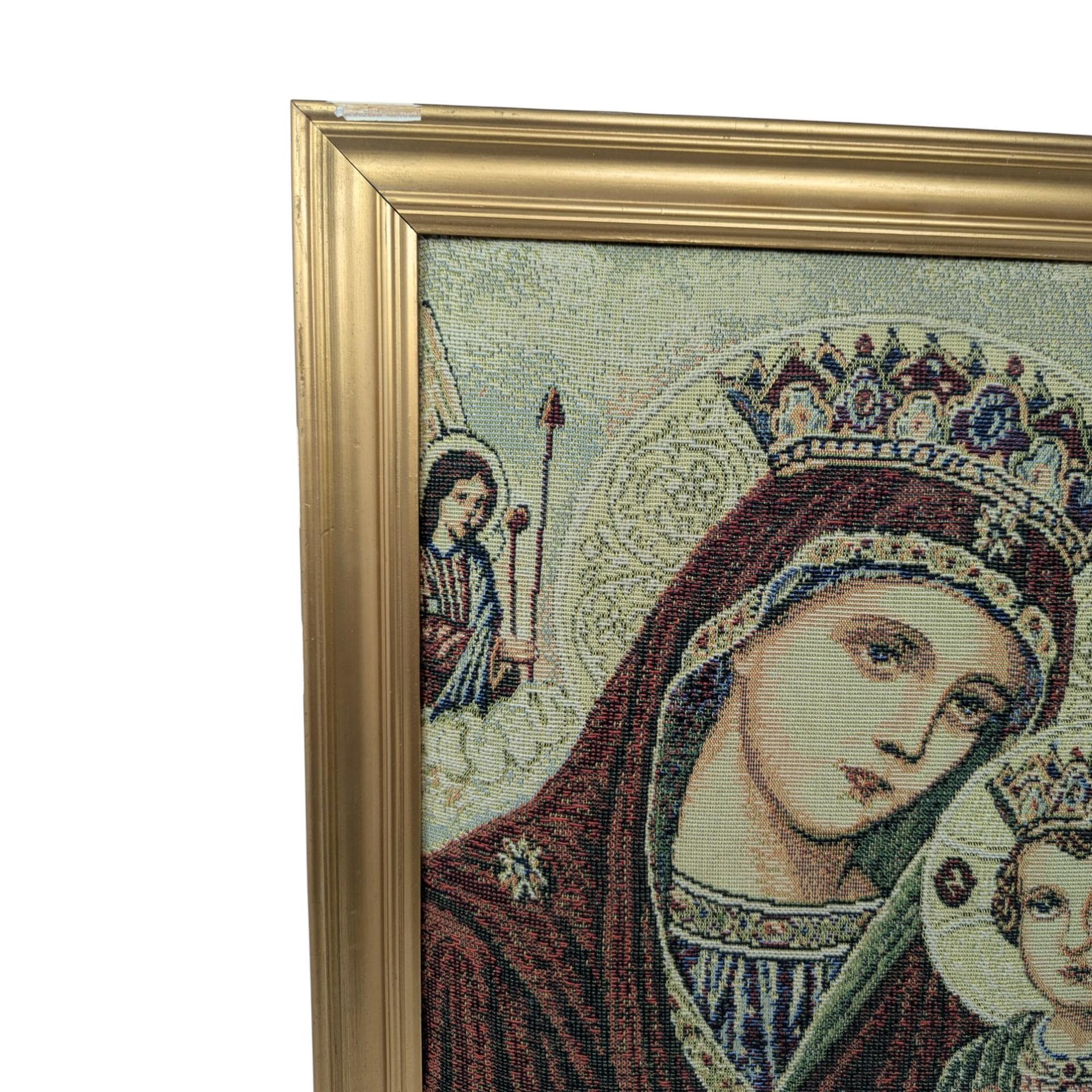 Vintage Jacques Sefop Padded Tapestry: Virgin Mary & Child Framed Religious Art