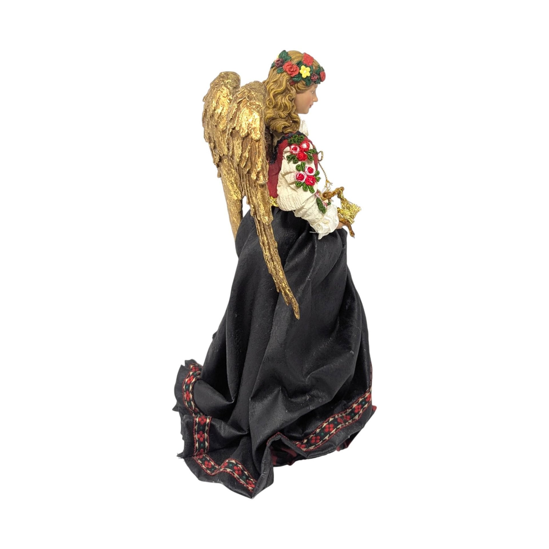 Vintage Folklore Angel Christmas Tree Topper: Gold Wing Peasant Dress