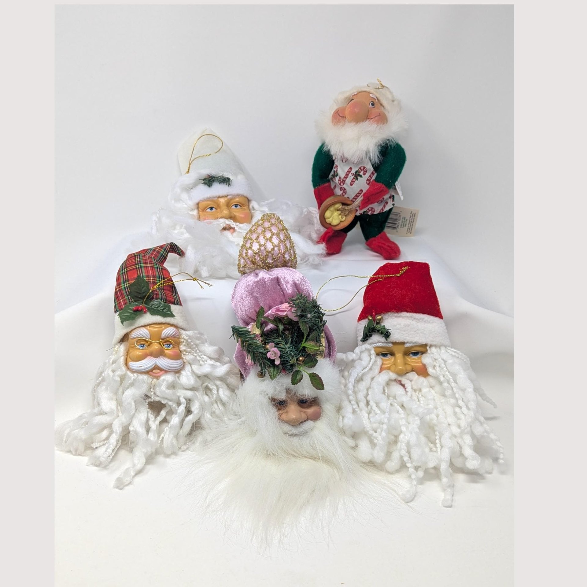 Vintage Christmas Choice: Plush Santa Heads Plastic Face & Elf Baker