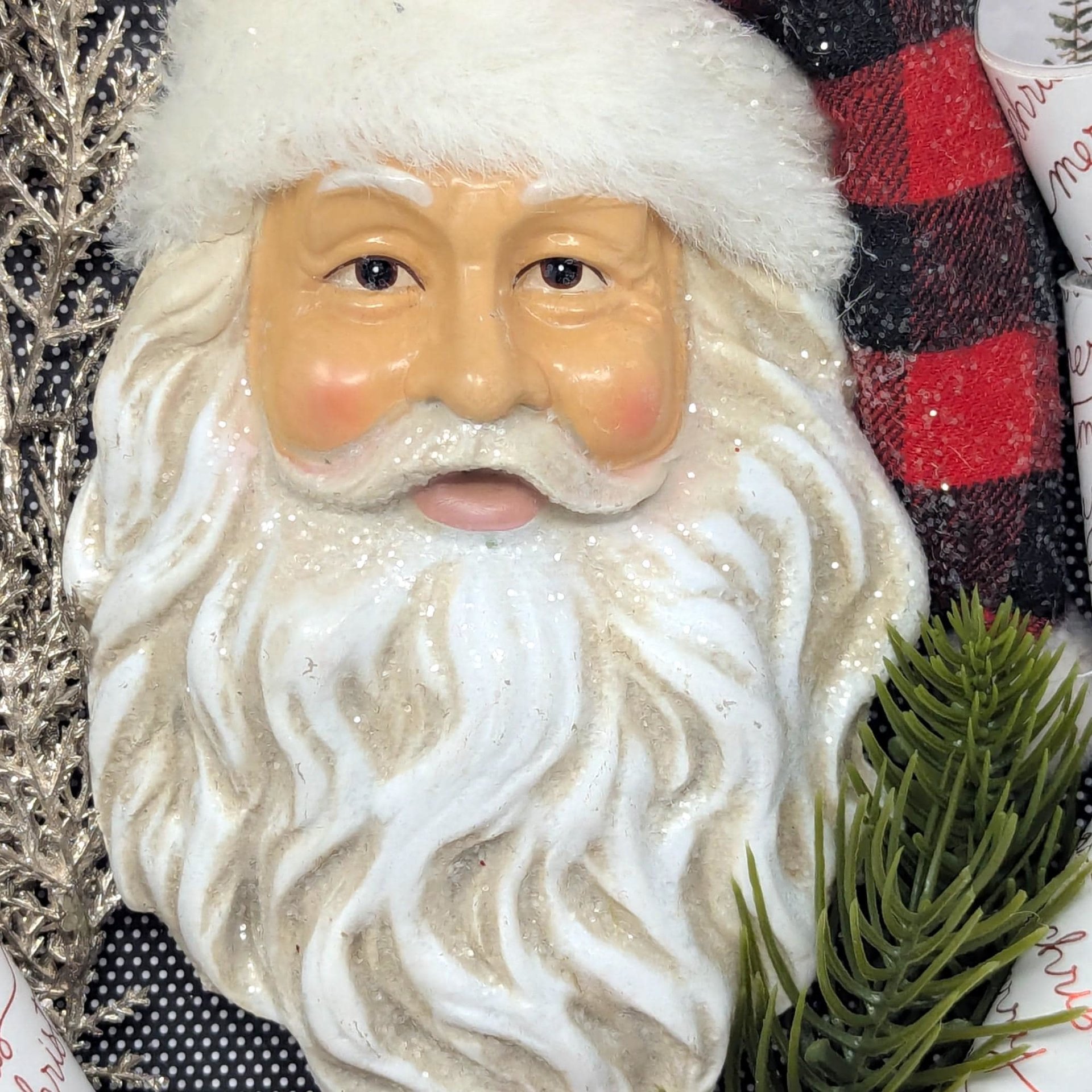 Vintage Handmade 3D Santa Claus Canvas Art: Buffalo Plaid Mixed Media Collage