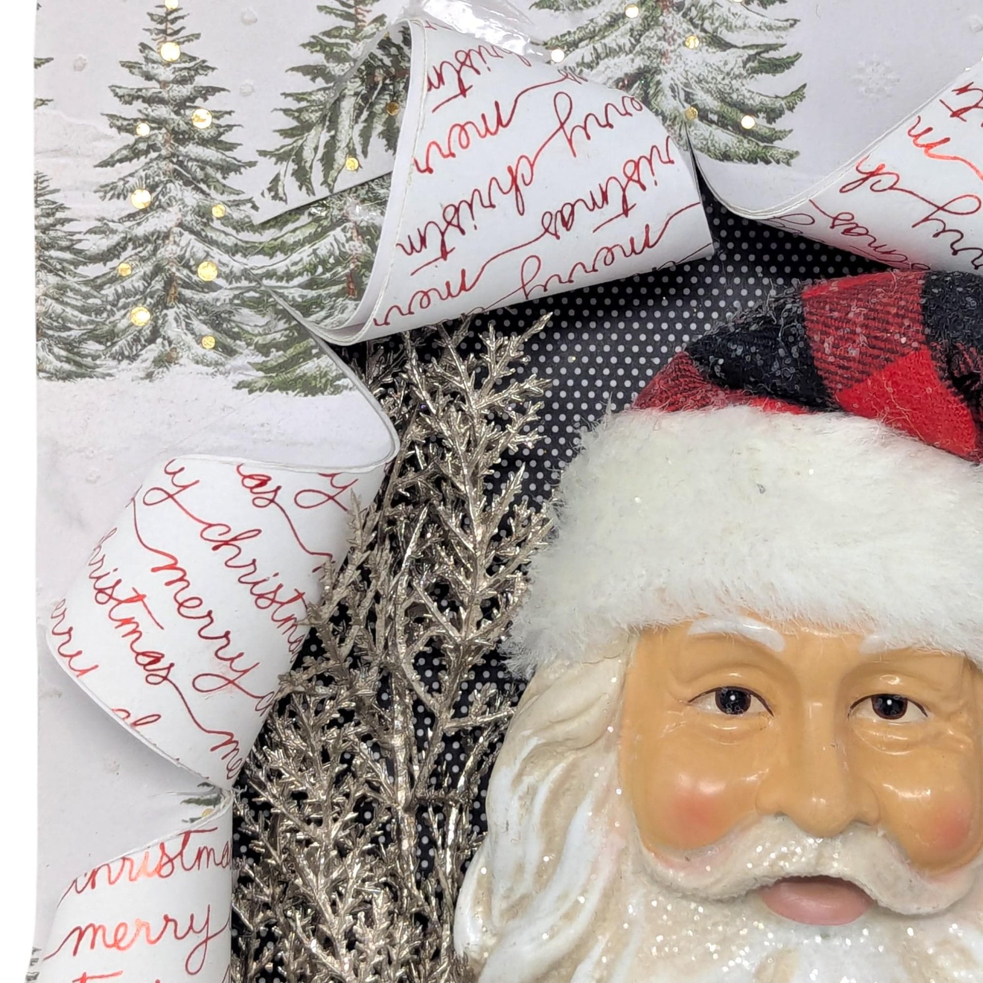 Vintage Handmade 3D Santa Claus Canvas Art: Buffalo Plaid Mixed Media Collage