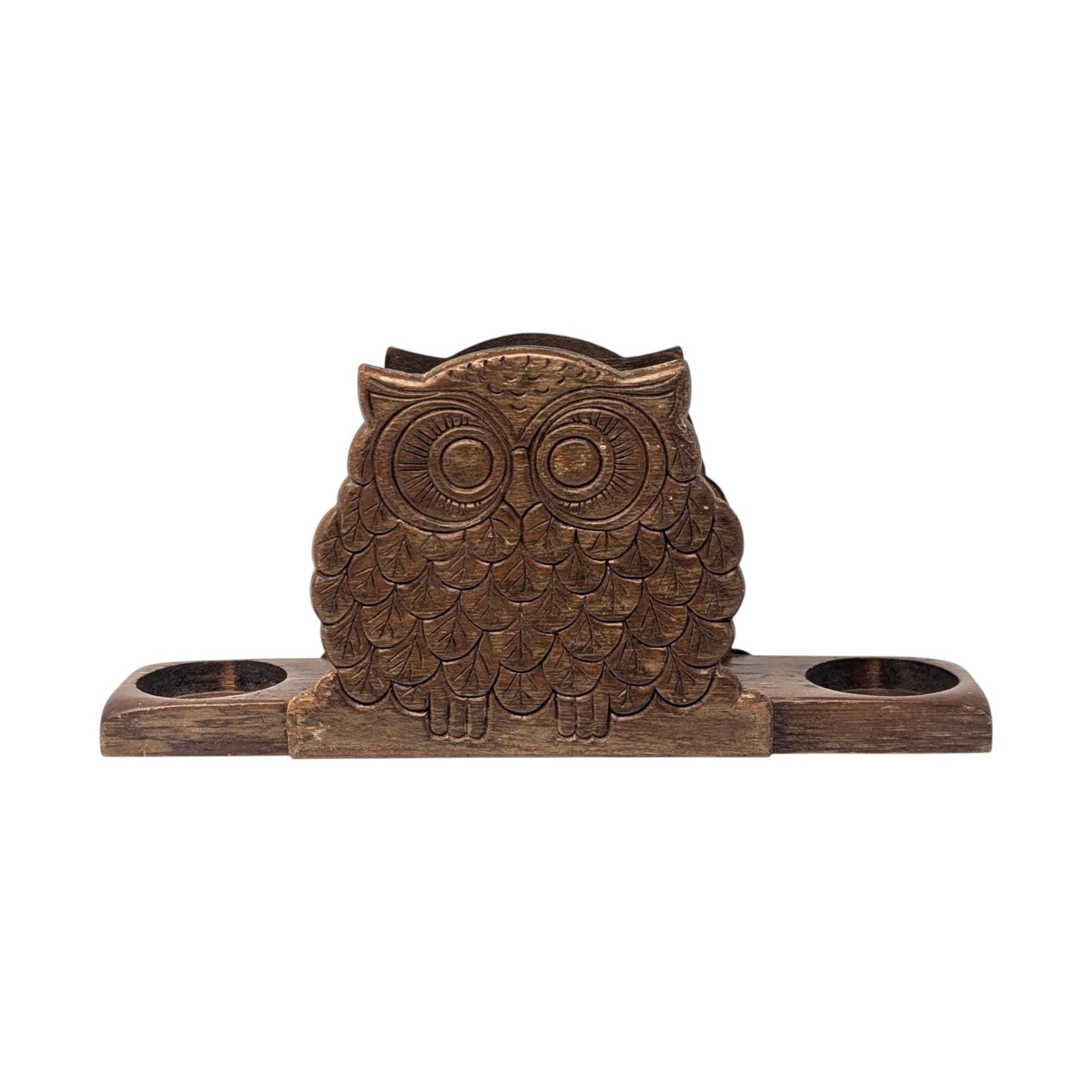 Vintage Wooden Owl Napkin Holder & Salt Pepper Caddy: Rustic Kitchen Decor