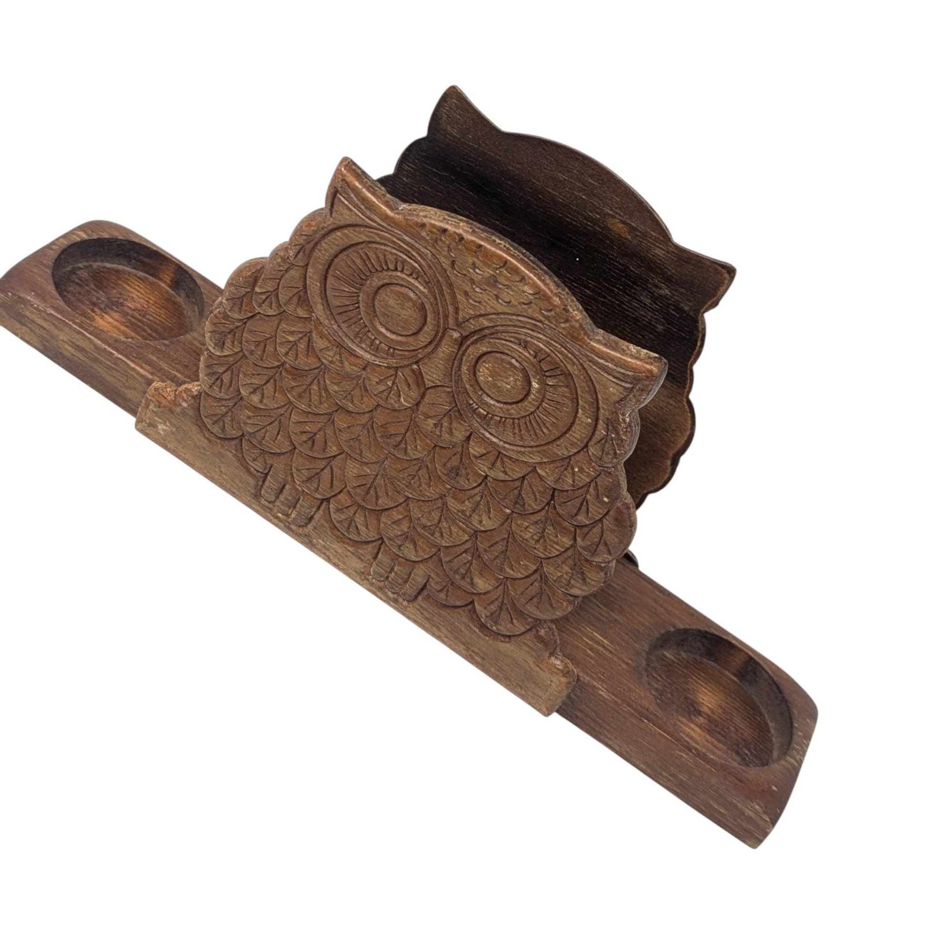Vintage Wooden Owl Napkin Holder & Salt Pepper Caddy: Rustic Kitchen Decor