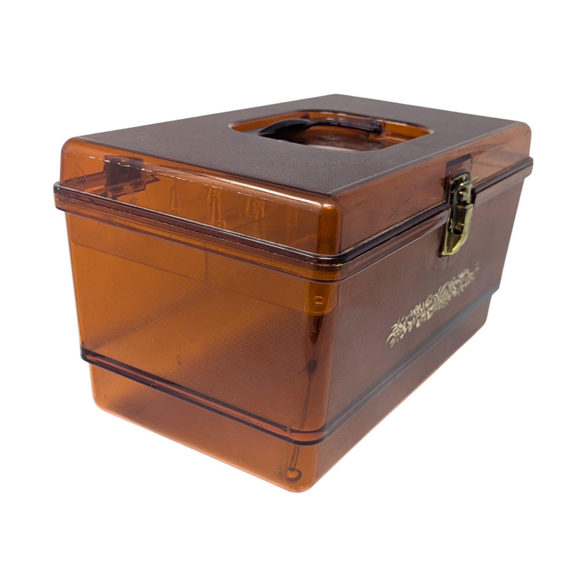 Vintage Amber Plastic Sewing Box: Floral Storage Case