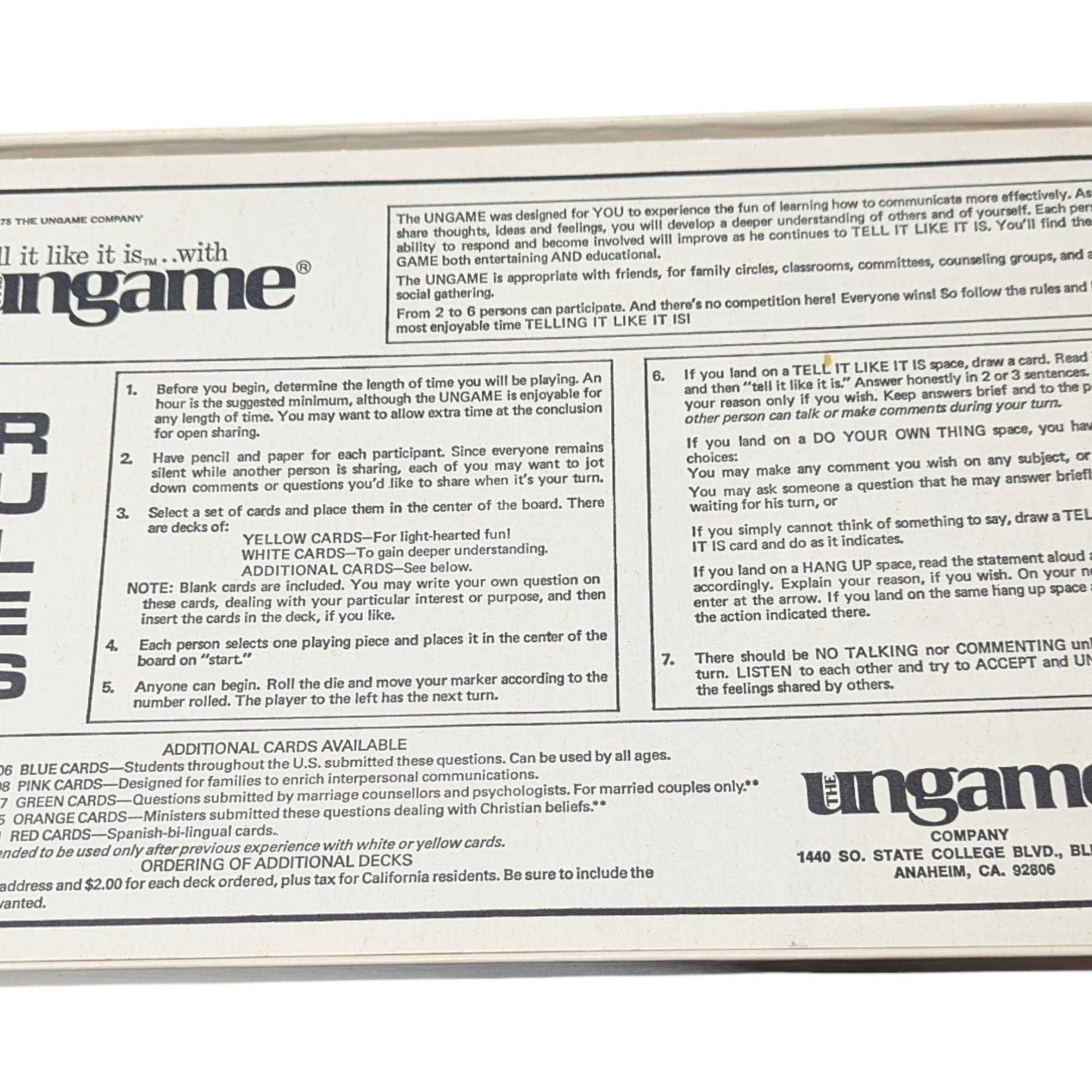 Vintage 1975 The Ungame Board Game: Tell It Like It Is Communication Set
