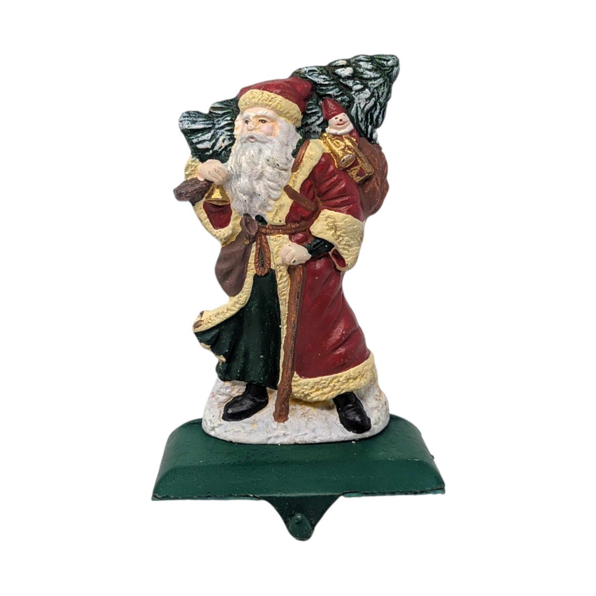 Vintage Cast Iron Santa Stocking Holder: Heavy Painted Christmas Mantel Decor