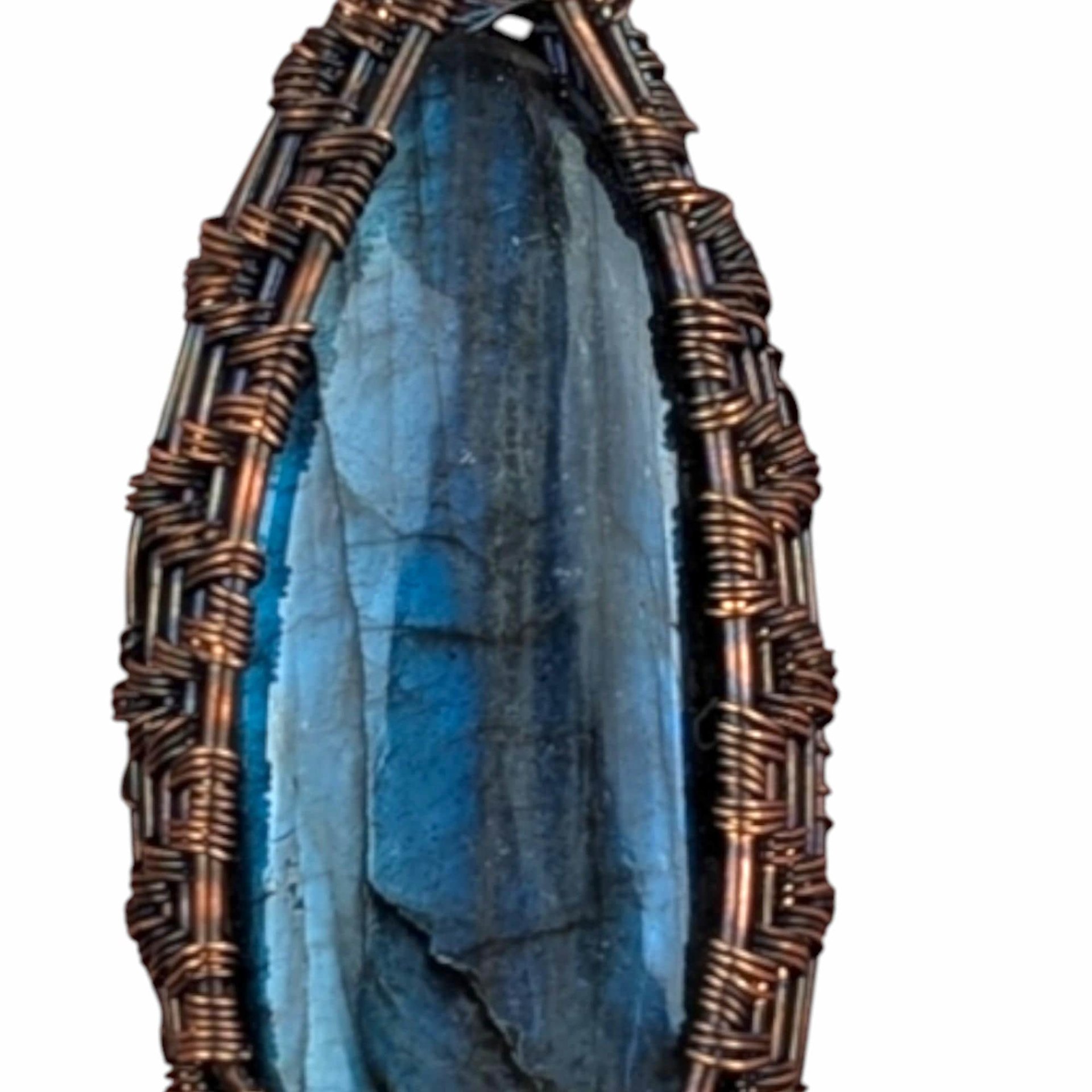 Handmade Blue Labradorite Copper Wire Wrapped Pendant: Antiqued Wire Weave Gemstone Jewelry Focal