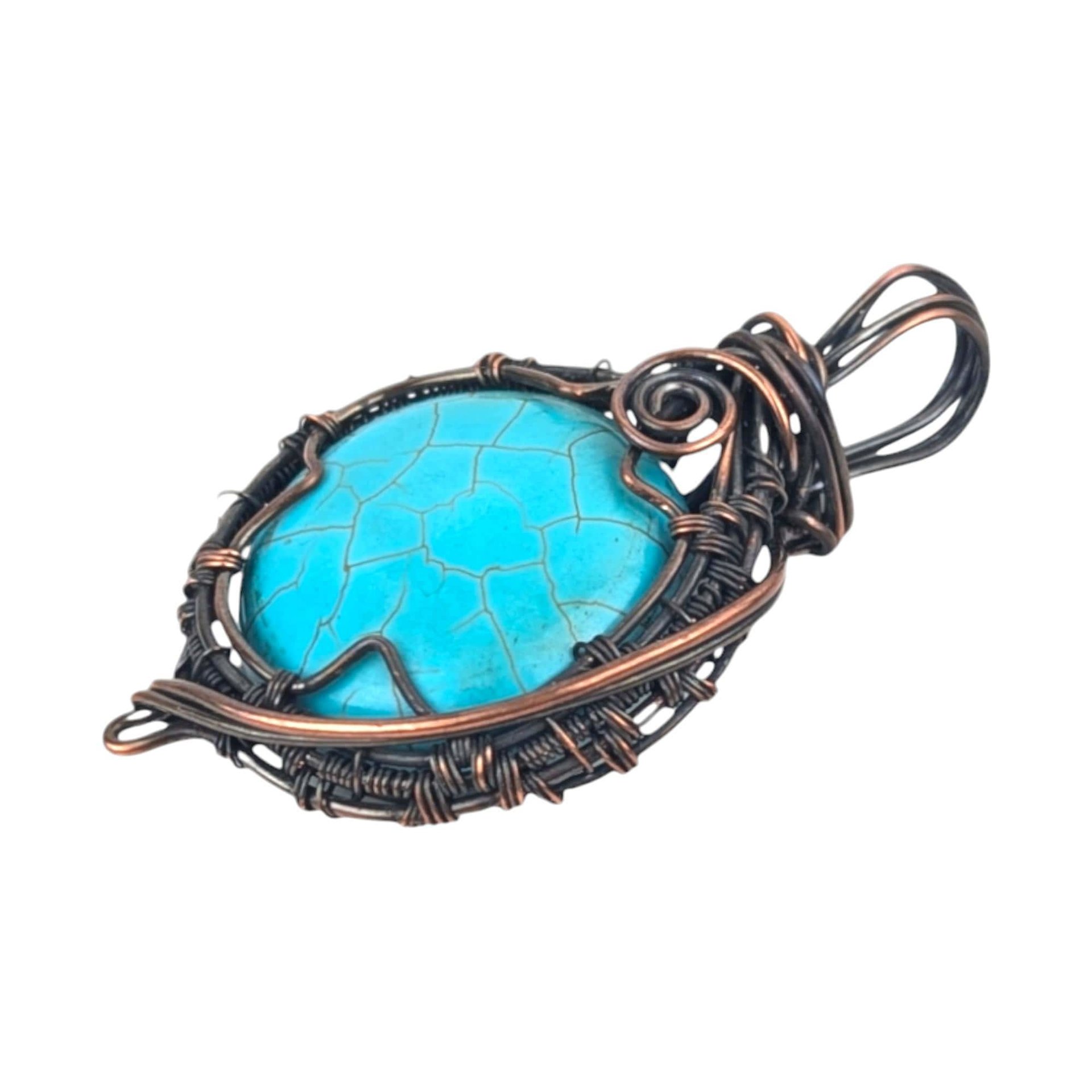 Turquoise Color Howlite Copper Pendant: Handmade Wire Wrapped Round Necklace