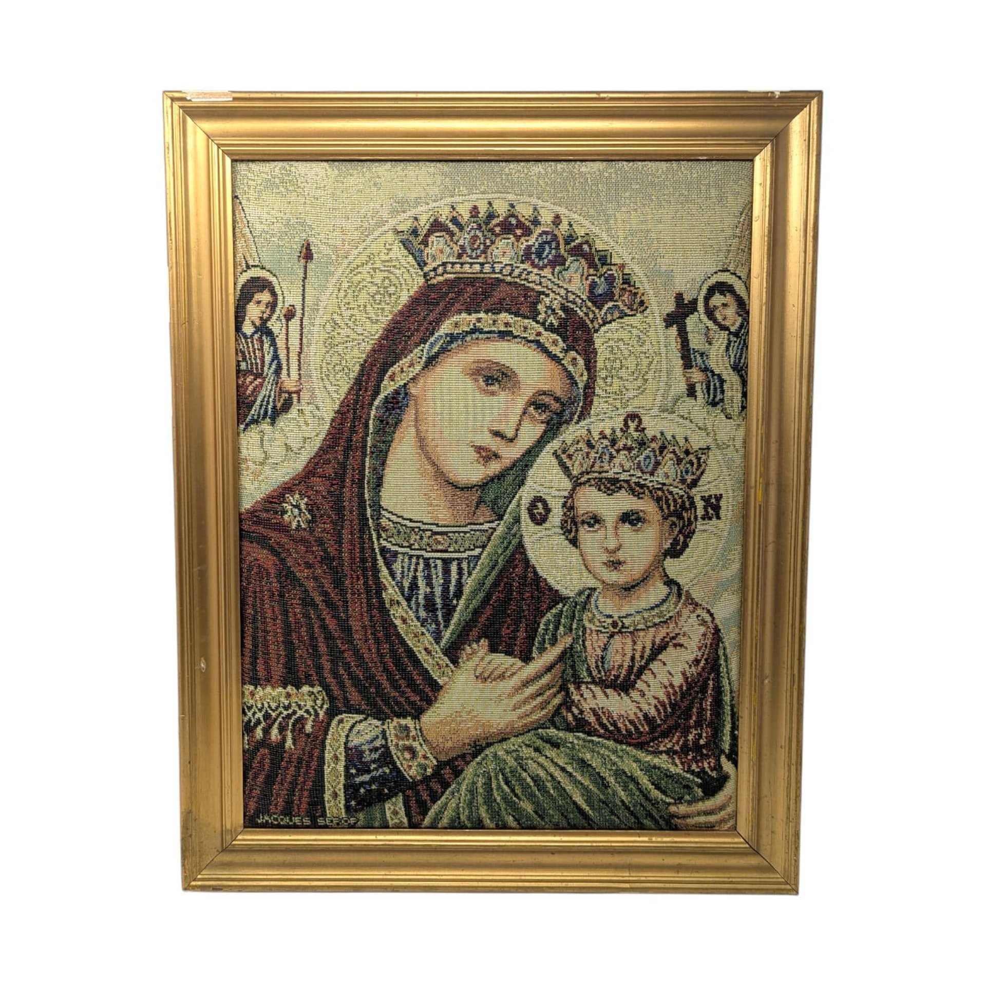 Vintage Jacques Sefop Padded Tapestry: Virgin Mary & Child Framed Religious Art