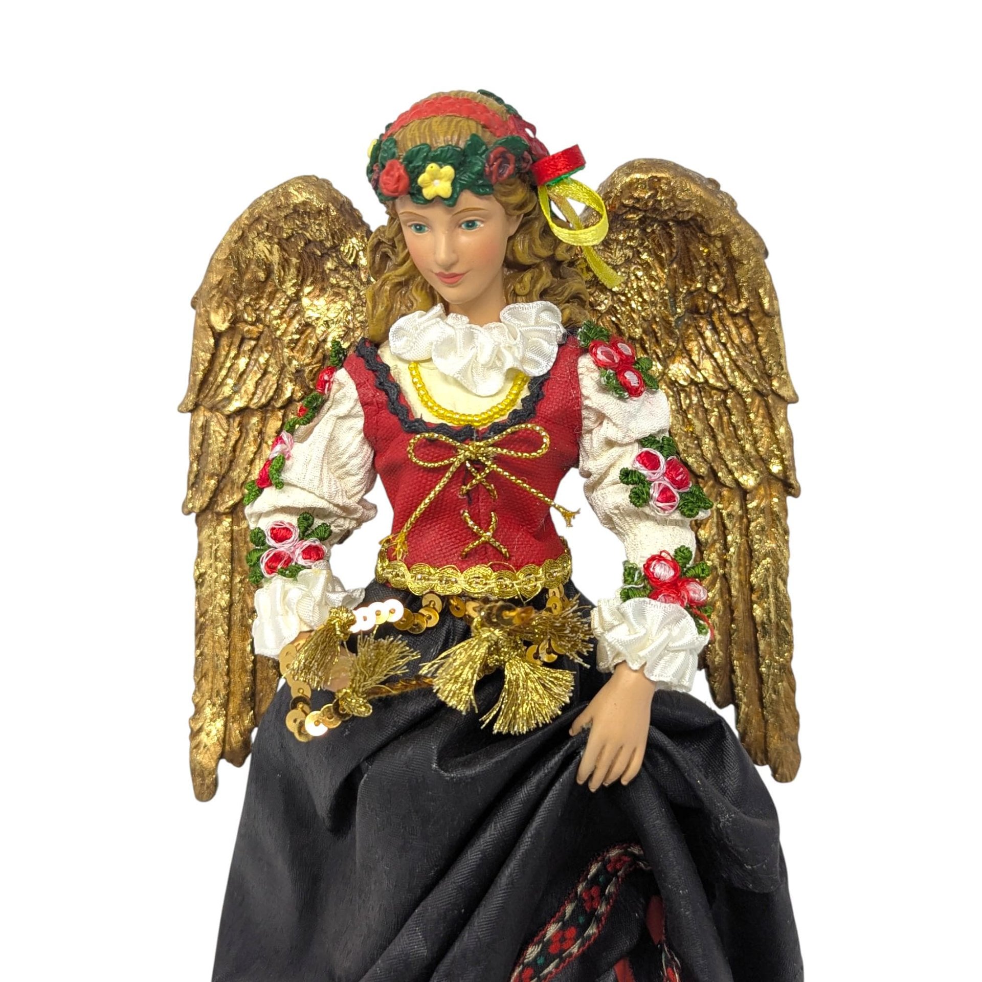 Vintage Folklore Angel Christmas Tree Topper: Gold Wing Peasant Dress