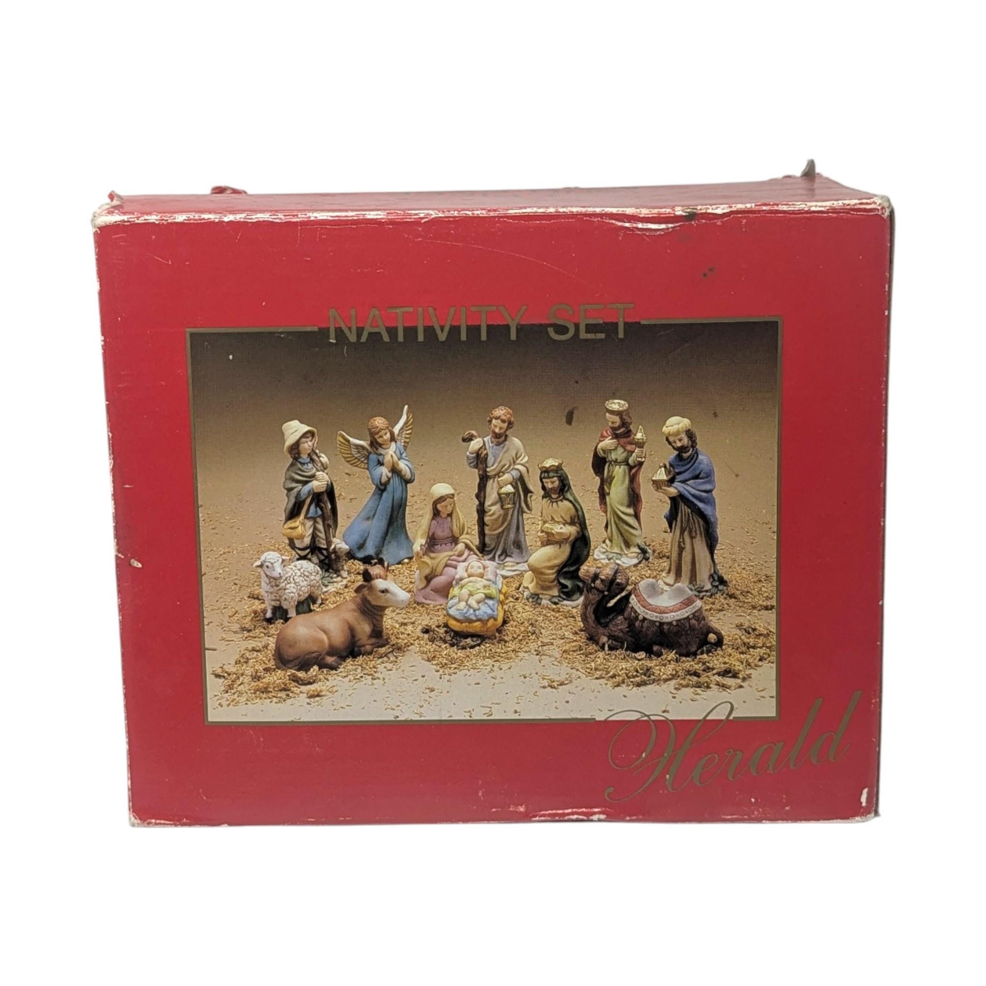Vintage 11 Piece Hand Painted Ceramic Nativity Set: Herald Christmas Collection