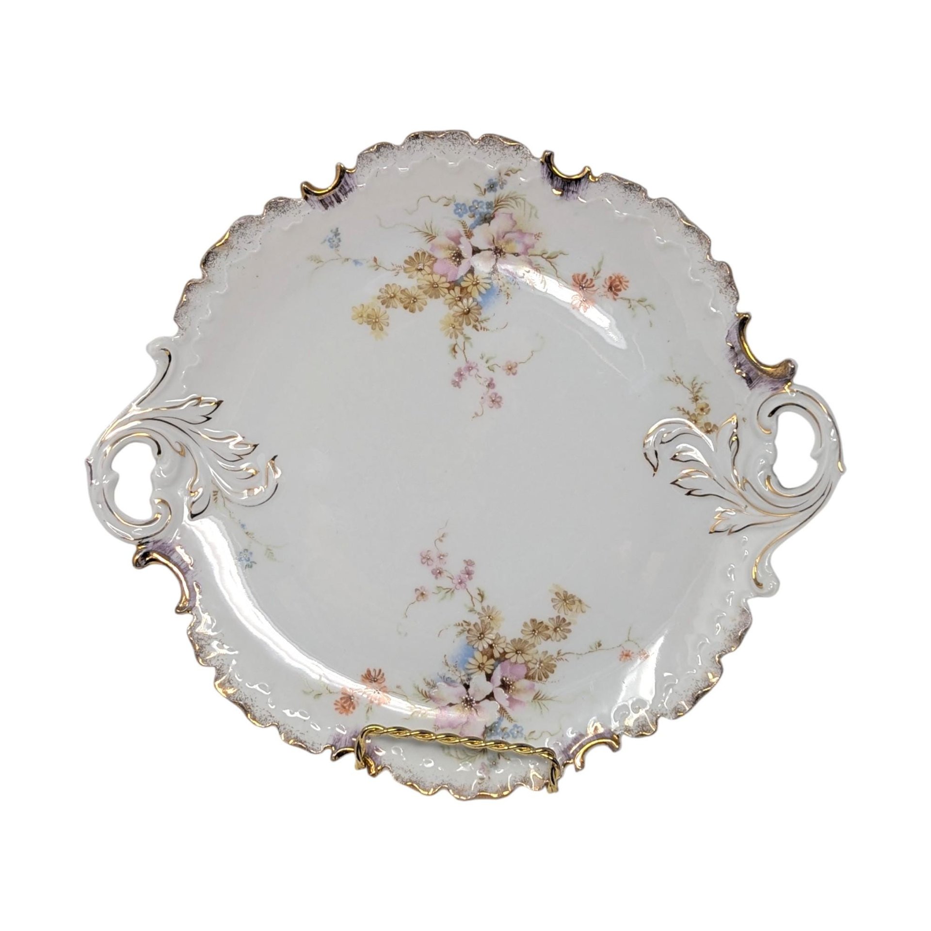 Vintage German Porcelain Handled Serving Plate: Pink and Gold Floral Scalloped Dish