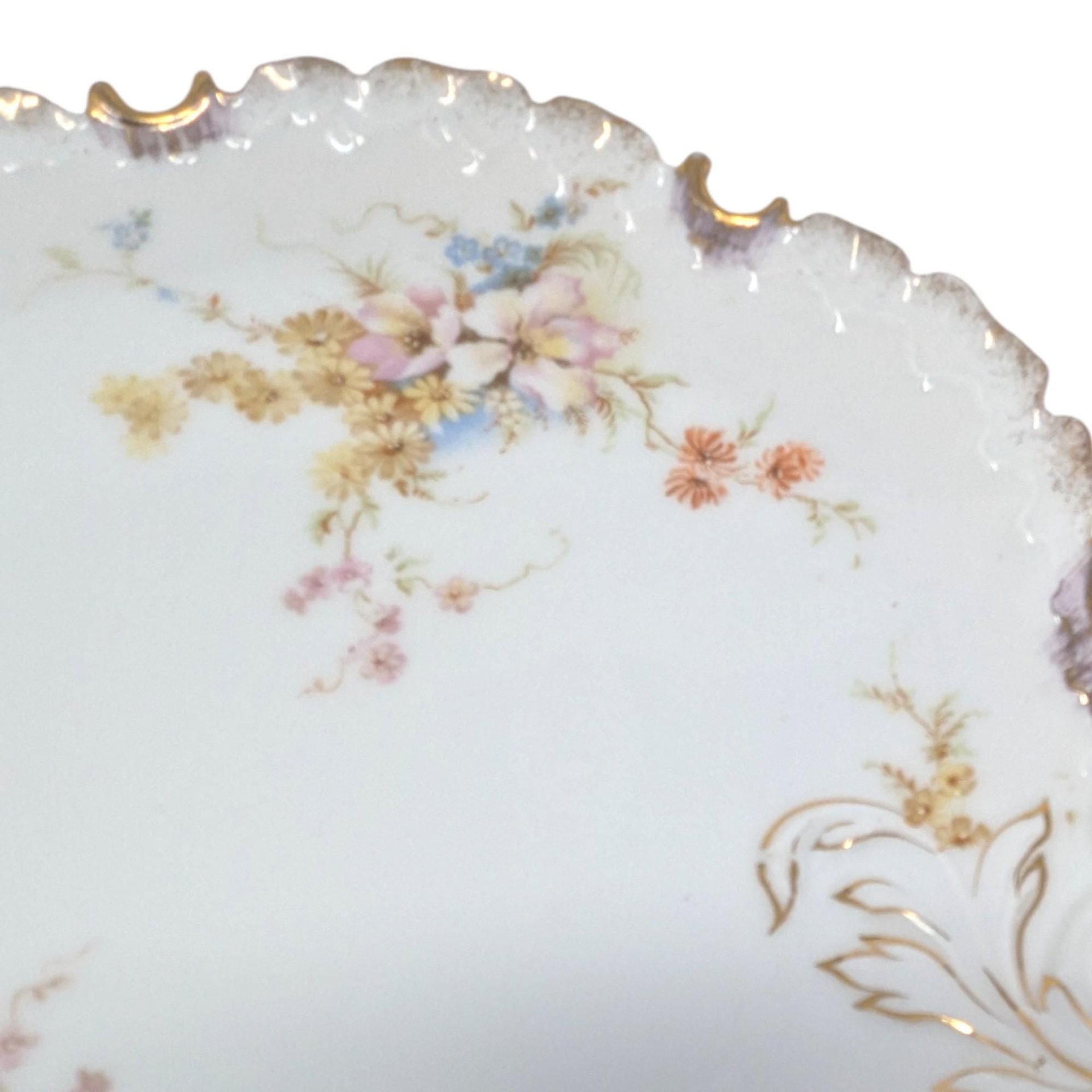 Vintage German Porcelain Handled Serving Plate: Pink and Gold Floral Scalloped Dish