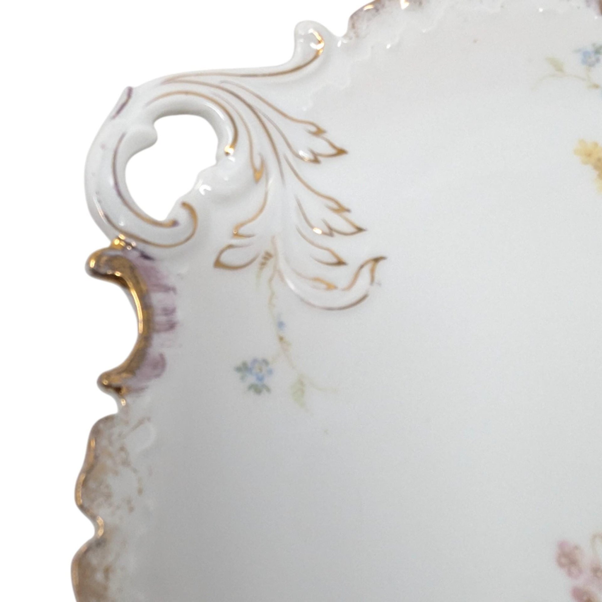 Vintage German Porcelain Handled Serving Plate: Pink and Gold Floral Scalloped Dish