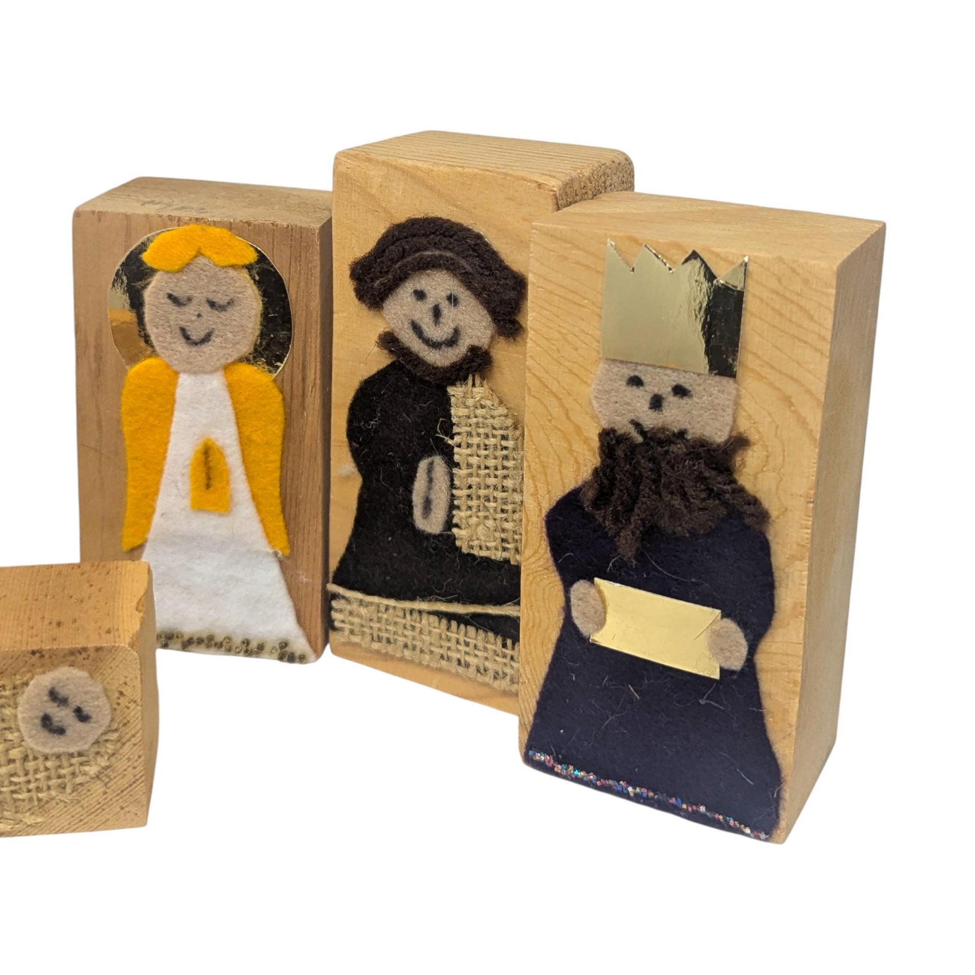 Vintage Handmade Felt Nativity Set: Wooden Block Christmas Creche