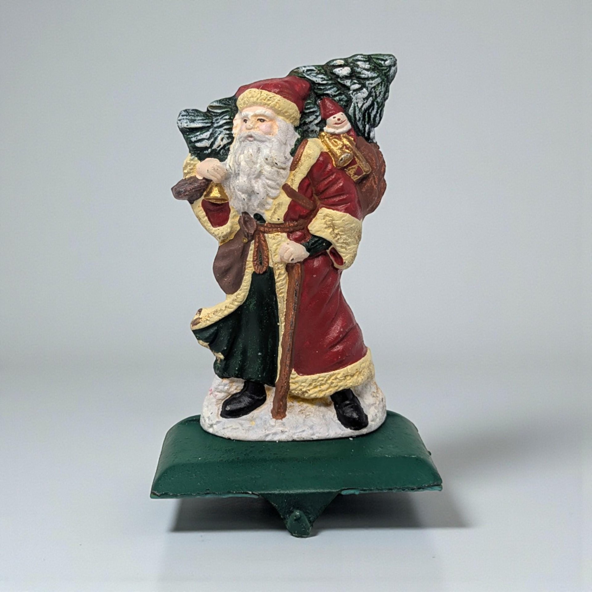Vintage Cast Iron Santa Stocking Holder: Heavy Painted Christmas Mantel Decor