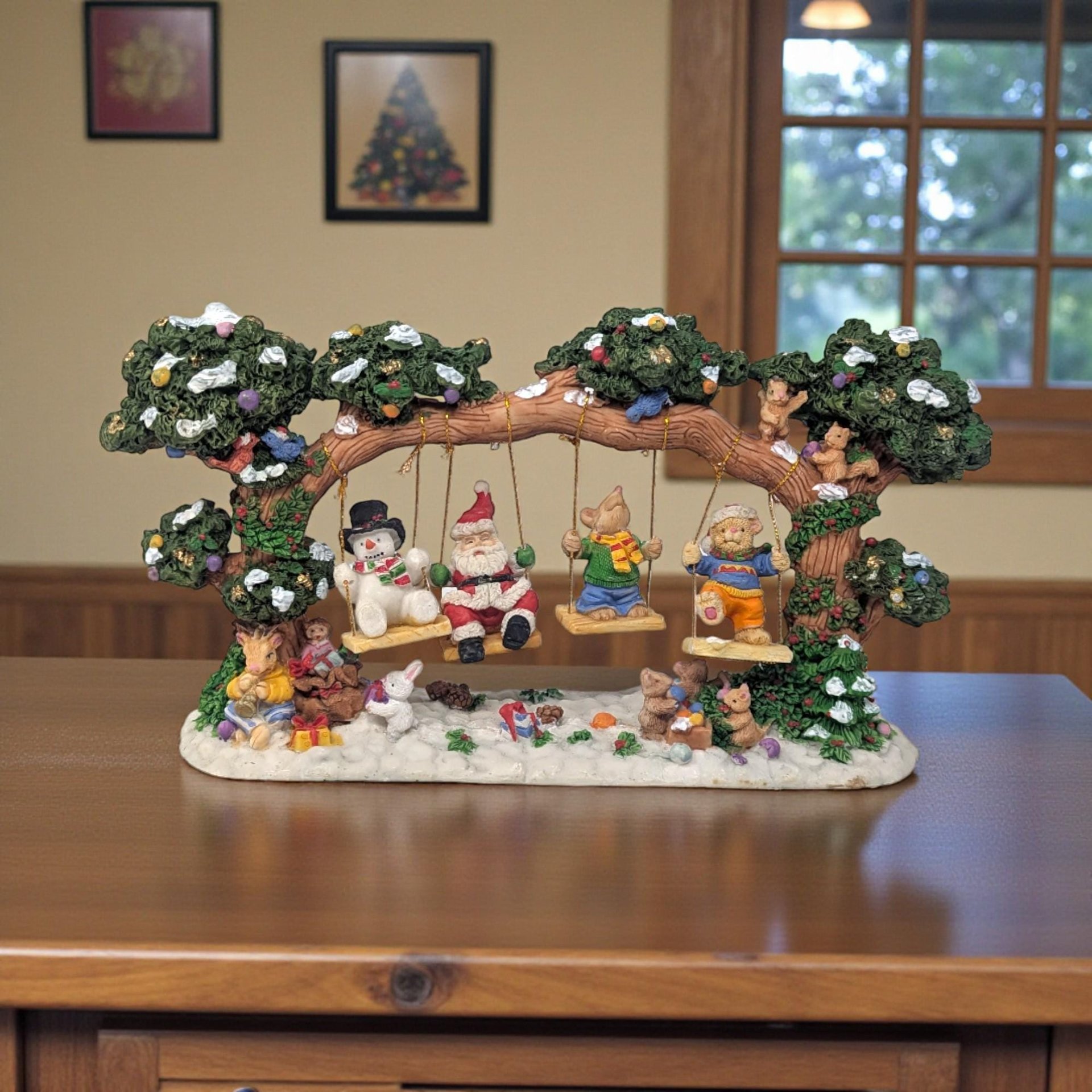 Vintage Resin Christmas Swing Figure: Santa Snowman Teddy Bear