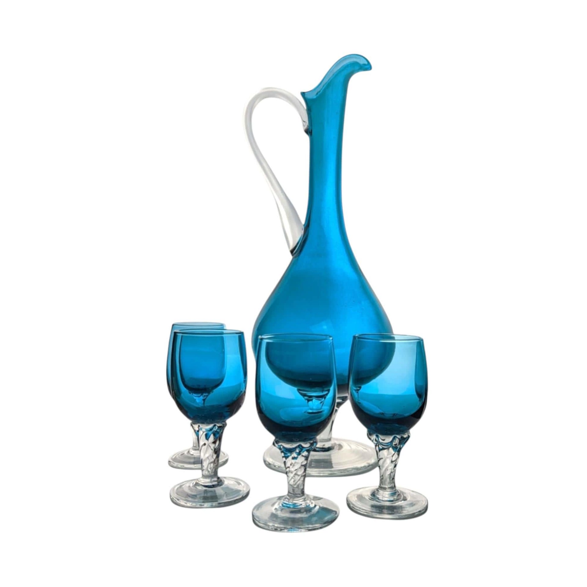 Mid-Century Blue Glass Decanter and Cordial Glass Set