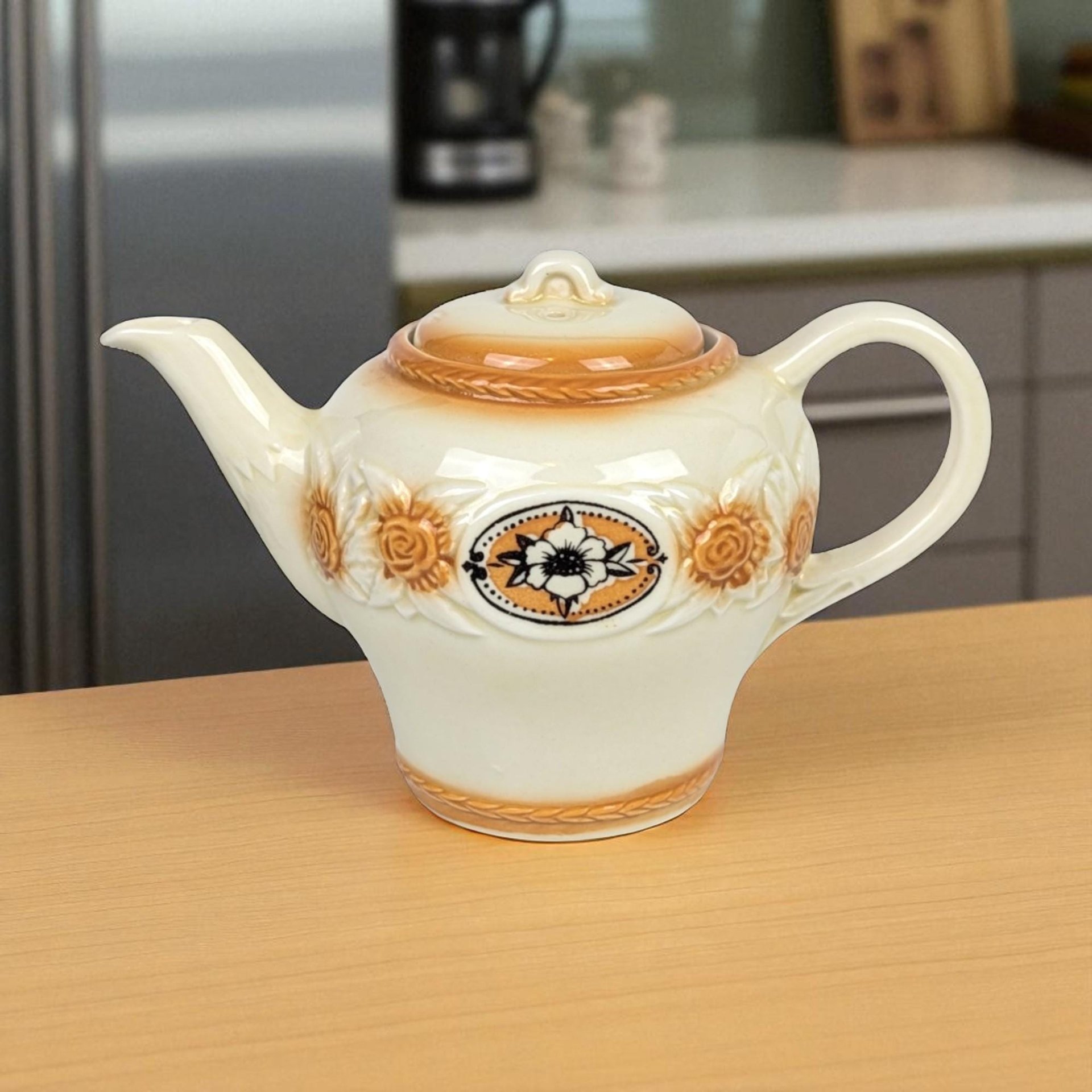 Vintage Porcelier Brown Medallion Vitreous China Teapot