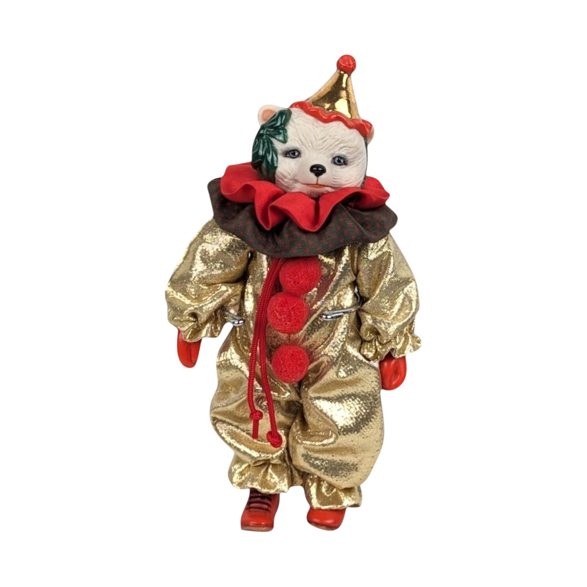 Vintage Miniature White Bear Clown Figurine with Display Stand