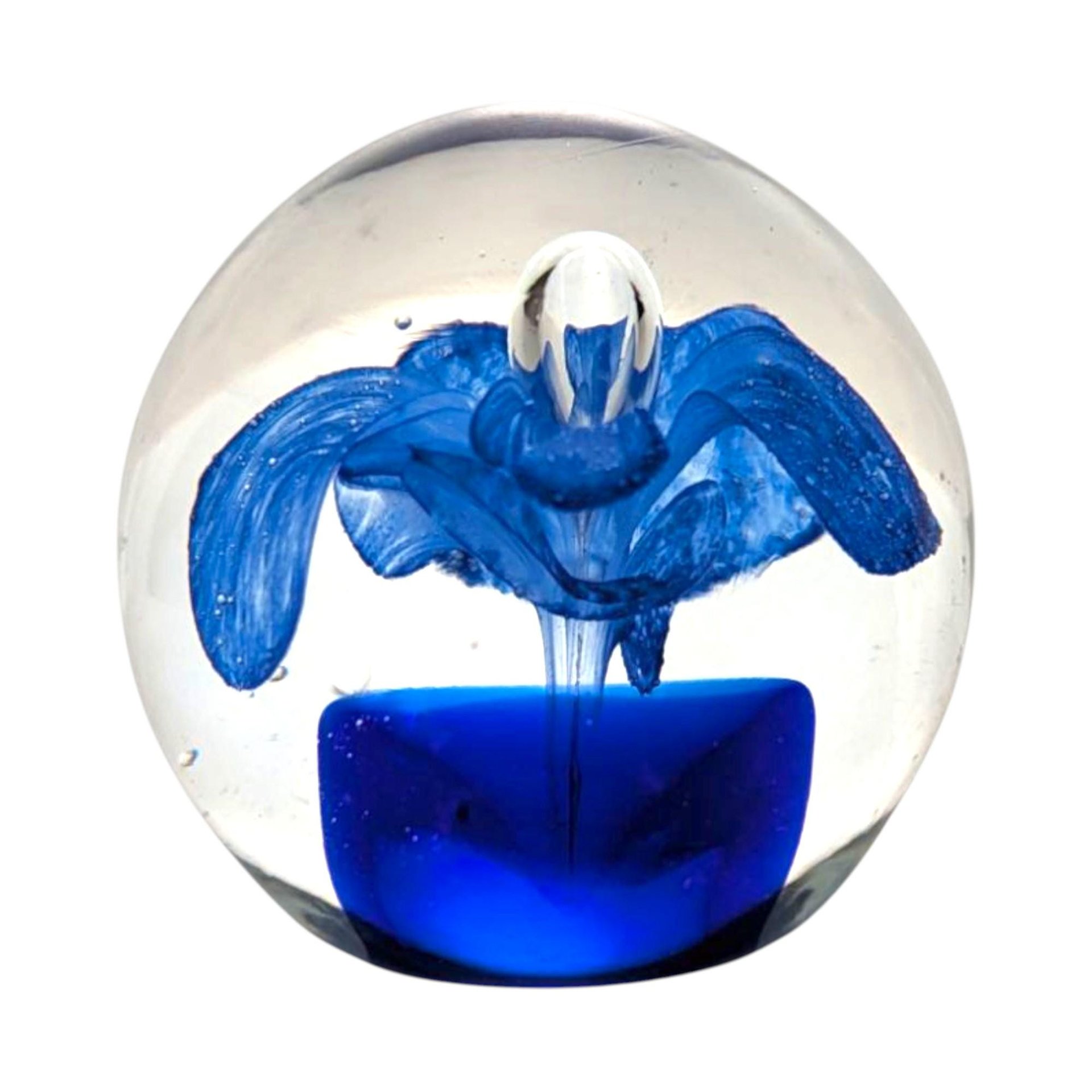 Vintage Art Glass Paperweight: Cobalt Blue Flower with Bubbles