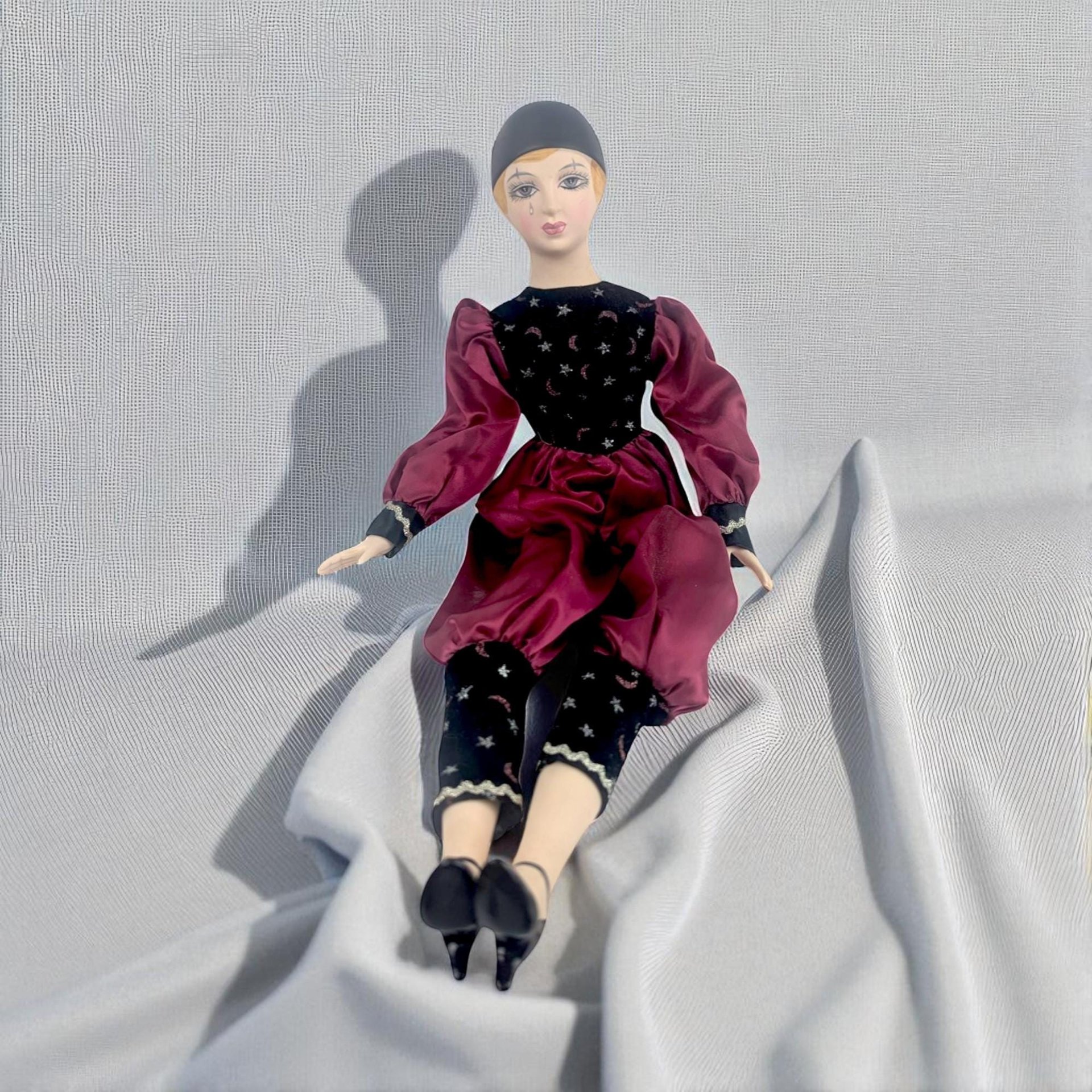 Vintage 18" Harlequin Red and Black Pierrot Doll