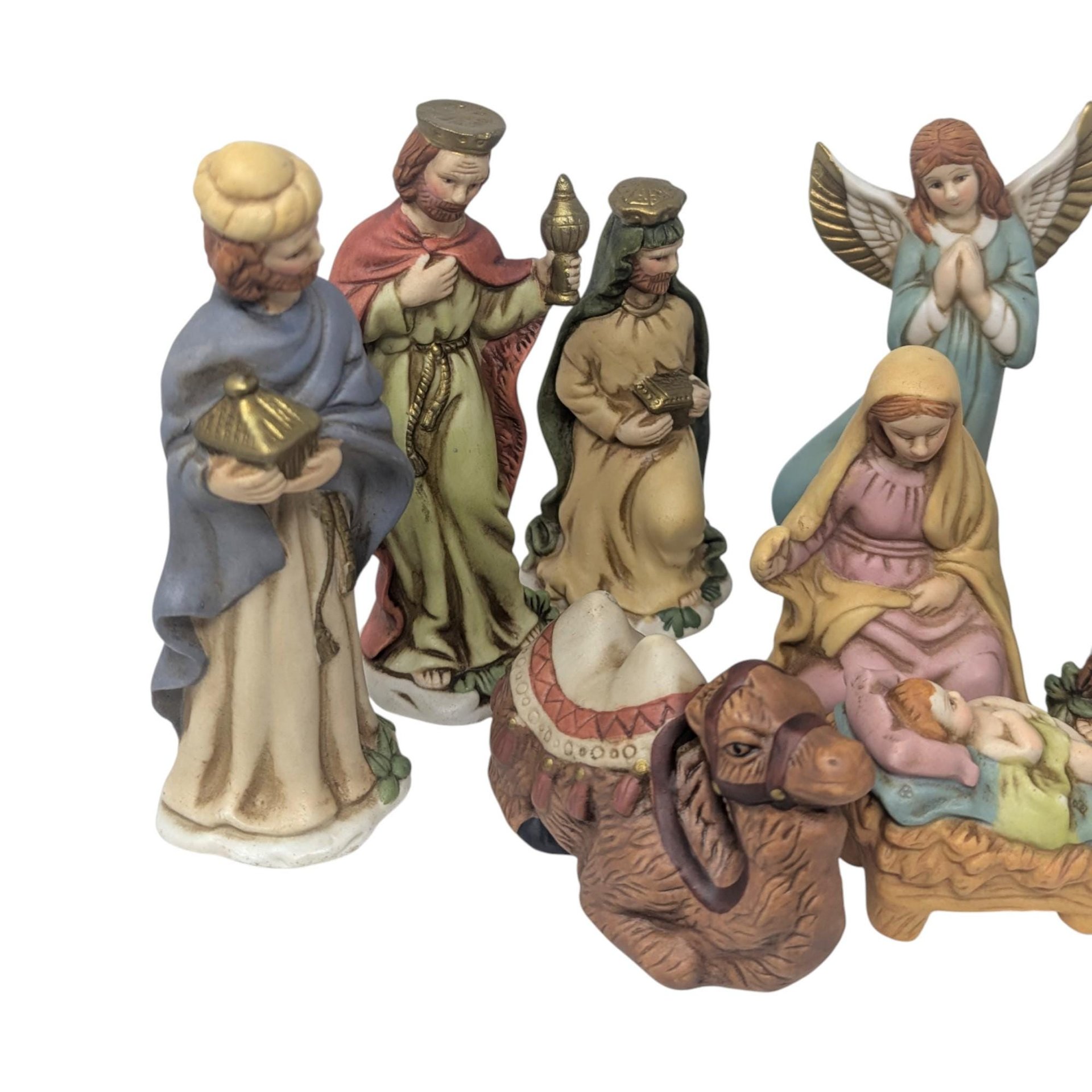 Vintage 11 Piece Hand Painted Ceramic Nativity Set: Herald Christmas Collection