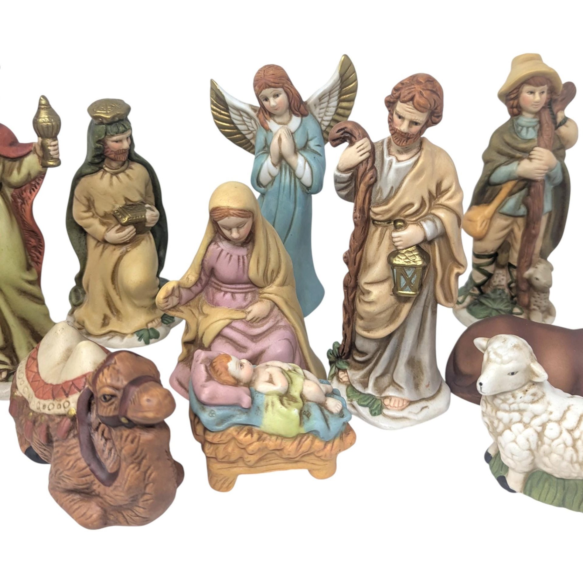 Vintage 11 Piece Hand Painted Ceramic Nativity Set: Herald Christmas Collection