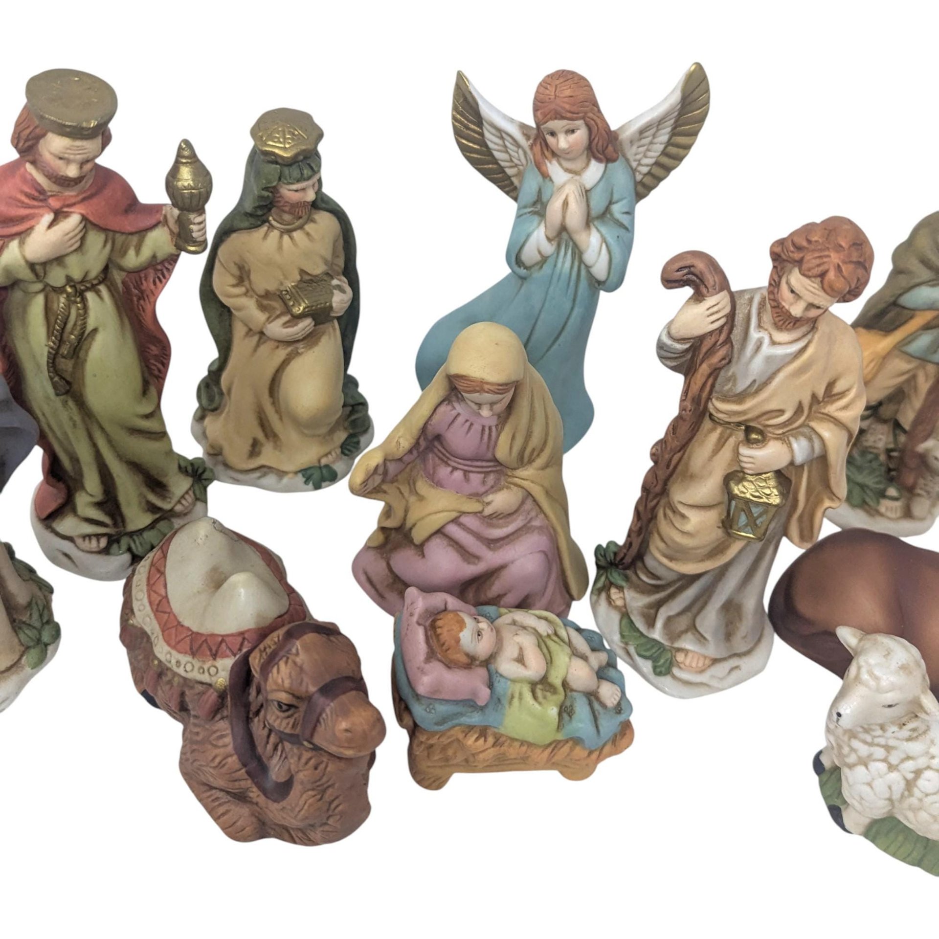 Vintage 11 Piece Hand Painted Ceramic Nativity Set: Herald Christmas Collection