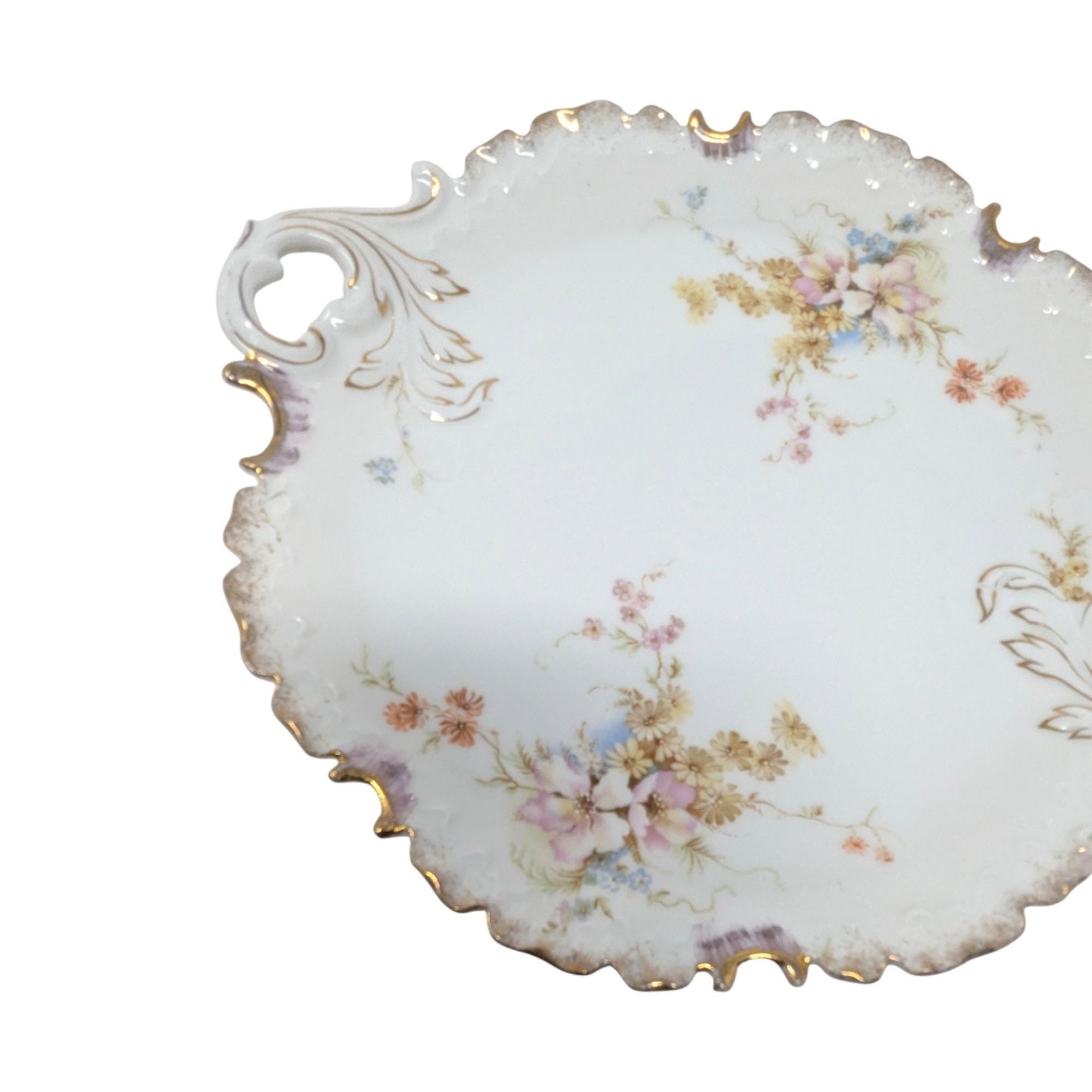 Vintage German Porcelain Handled Serving Plate: Pink and Gold Floral Scalloped Dish
