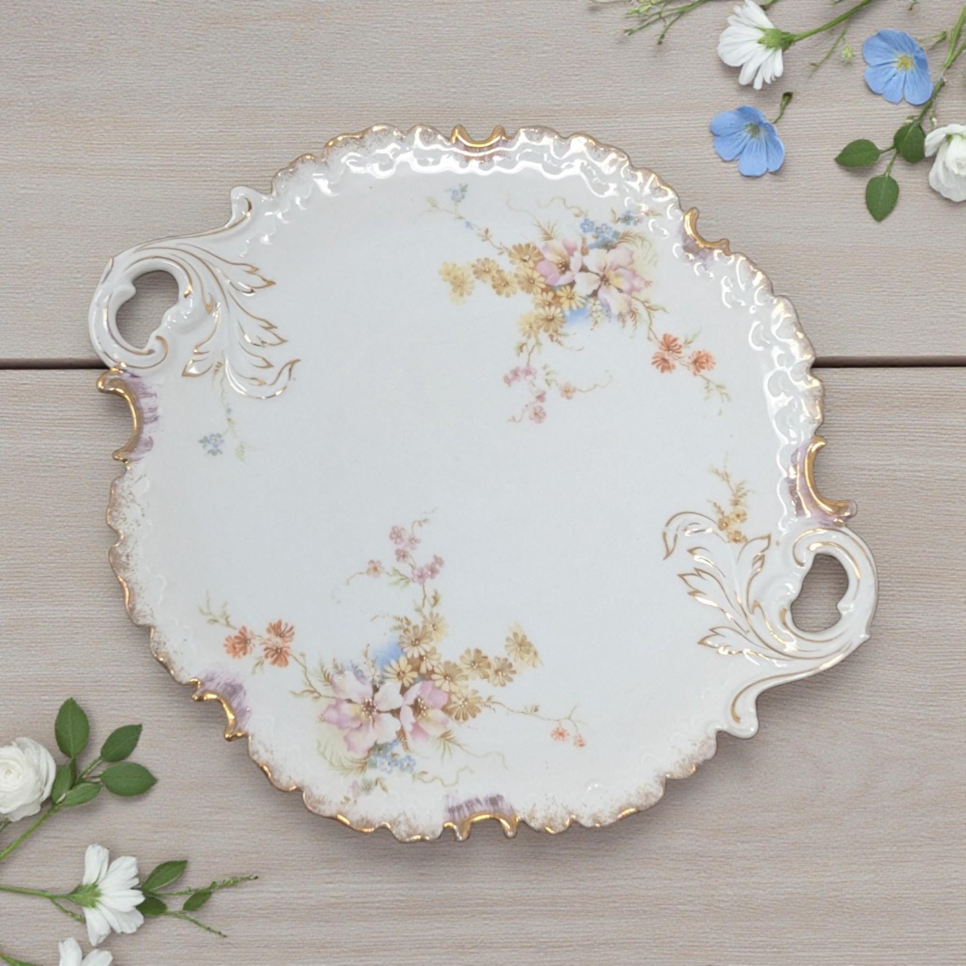 Vintage German Porcelain Handled Serving Plate: Pink and Gold Floral Scalloped Dish