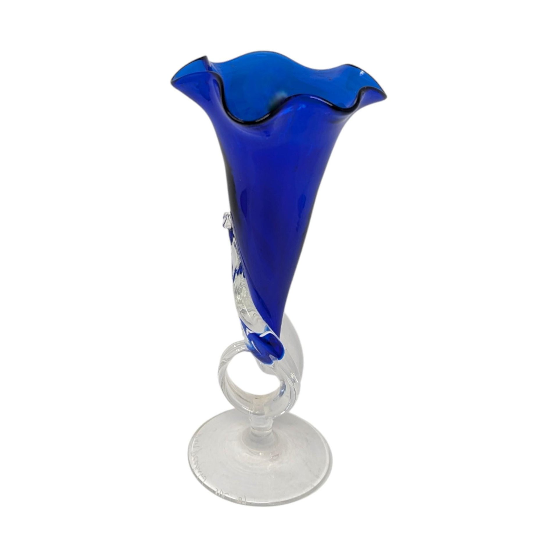 Vintage 1989 Handmade Art Glass Vase: Signed Cobalt Blue Jack in the Pulpit