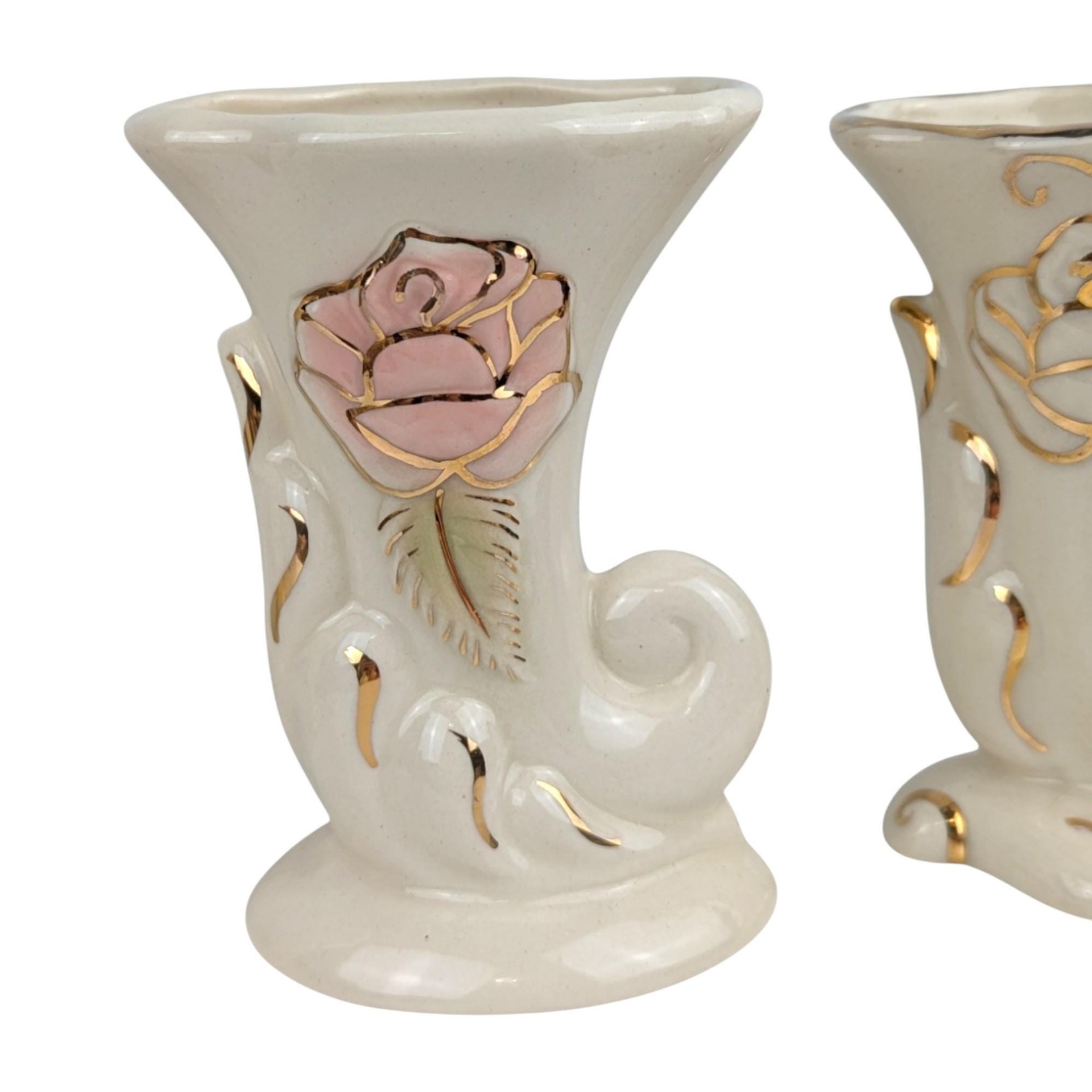 Vintage Cream Cornucopia Vase Set: Rose & Gold Bud Vases
