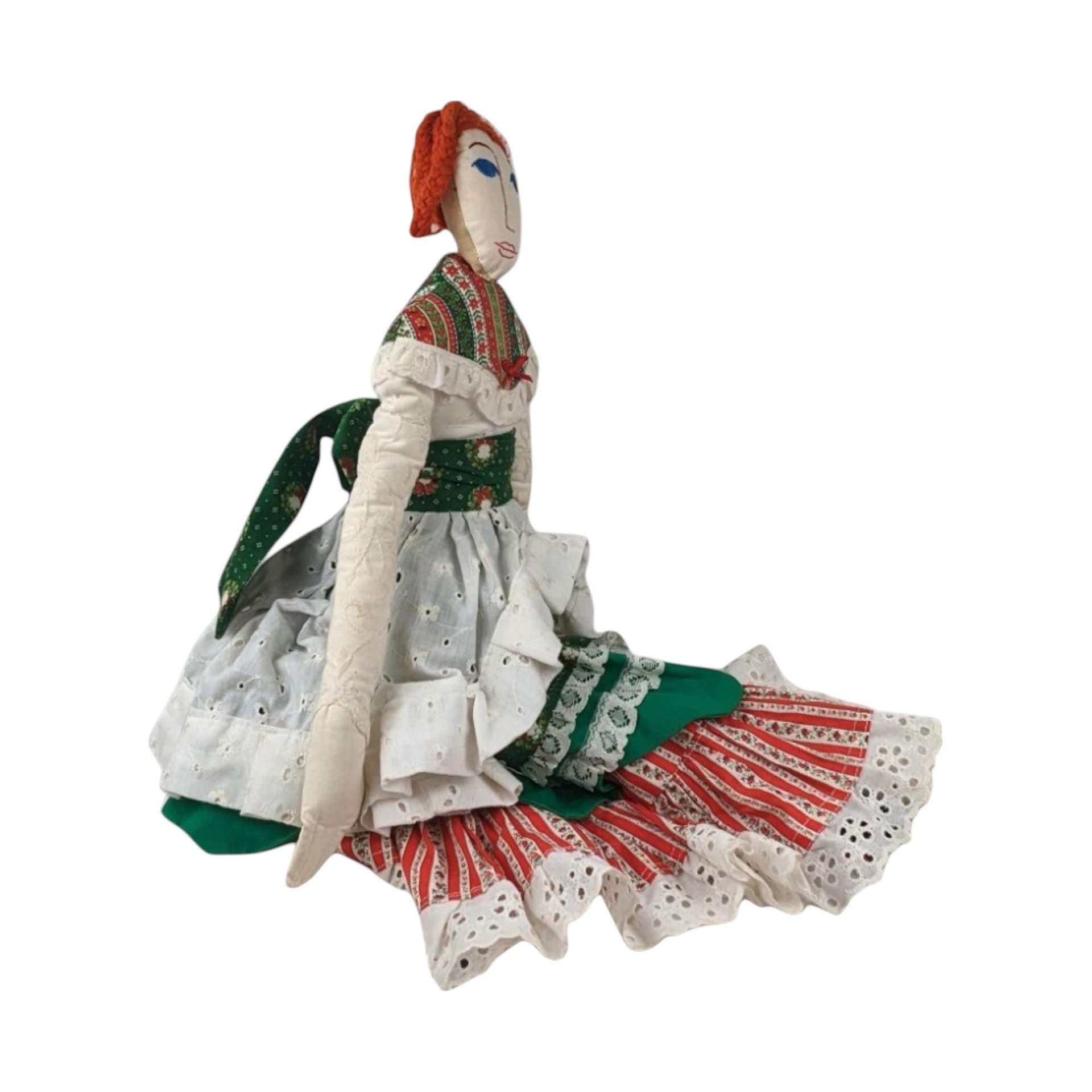 Vintage Handmade 25" Cloth Doll with Red Hair & Ruffled Dress