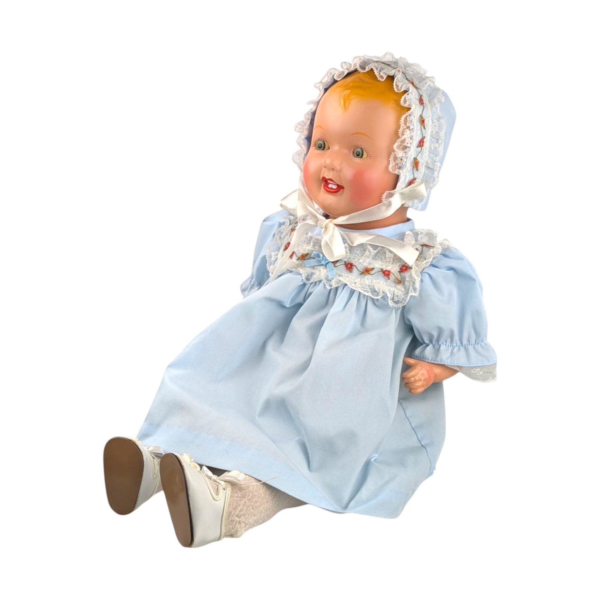Vintage 23" Blonde Baby Doll: Blue Floral Dress & Bonnet
