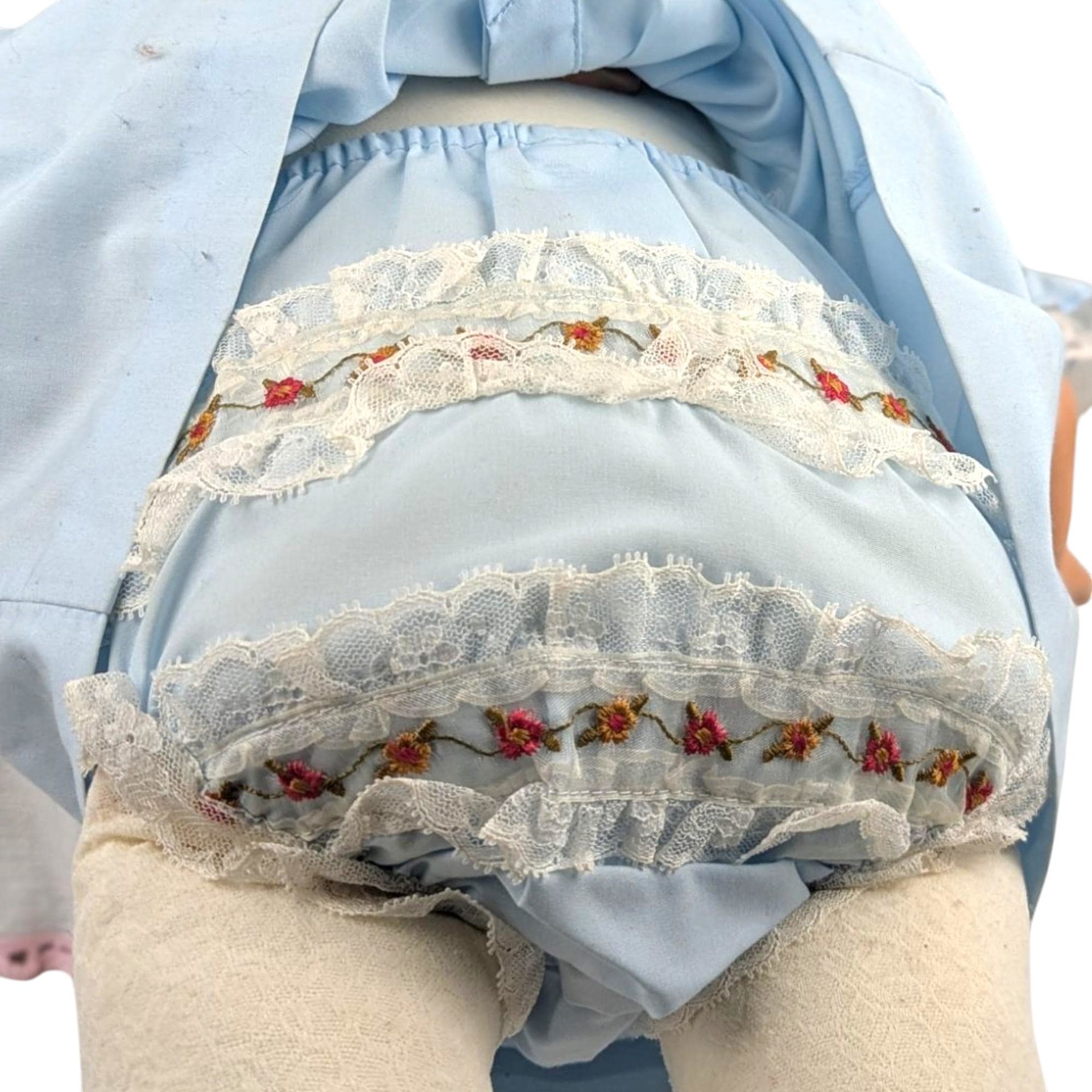 Vintage 23" Blonde Baby Doll: Blue Floral Dress & Bonnet