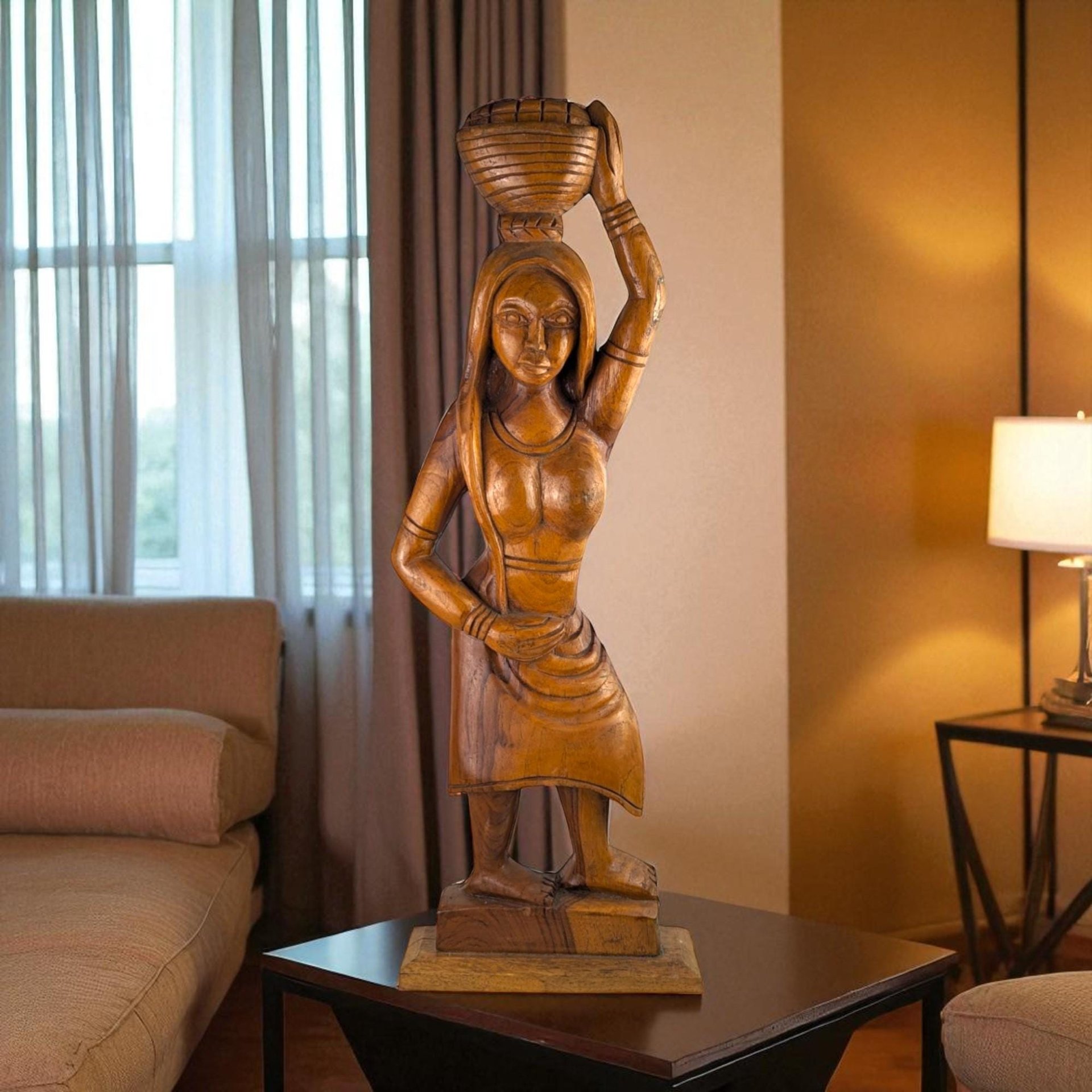 Vintage 24" Hand-Carved Wood Woman with Bowl